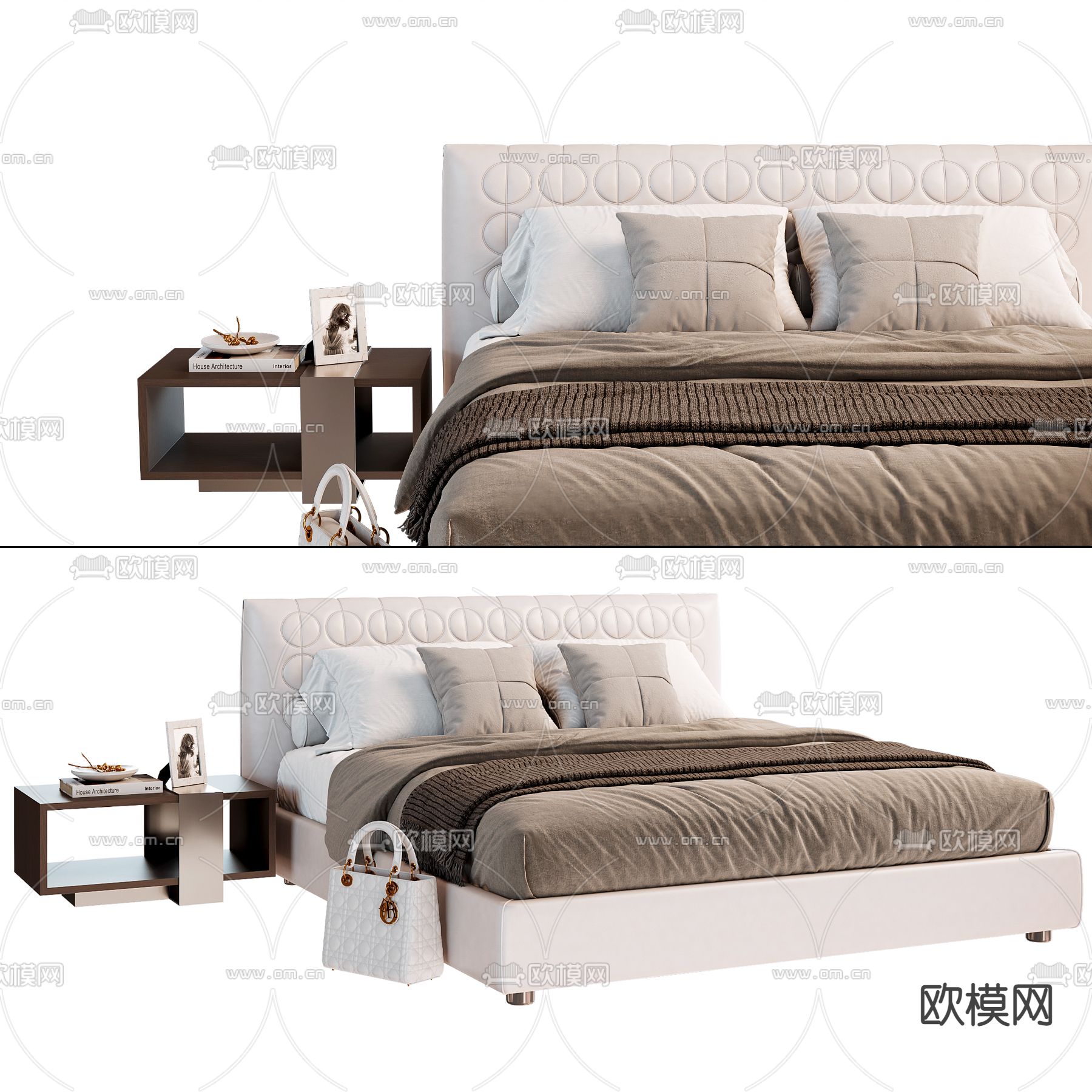 现代布艺双人床3d模型下载（渲染图2）