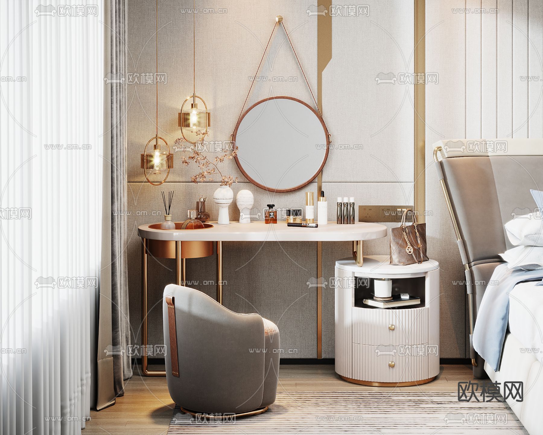 现代轻奢梳妆台3d模型下载（渲染图1）