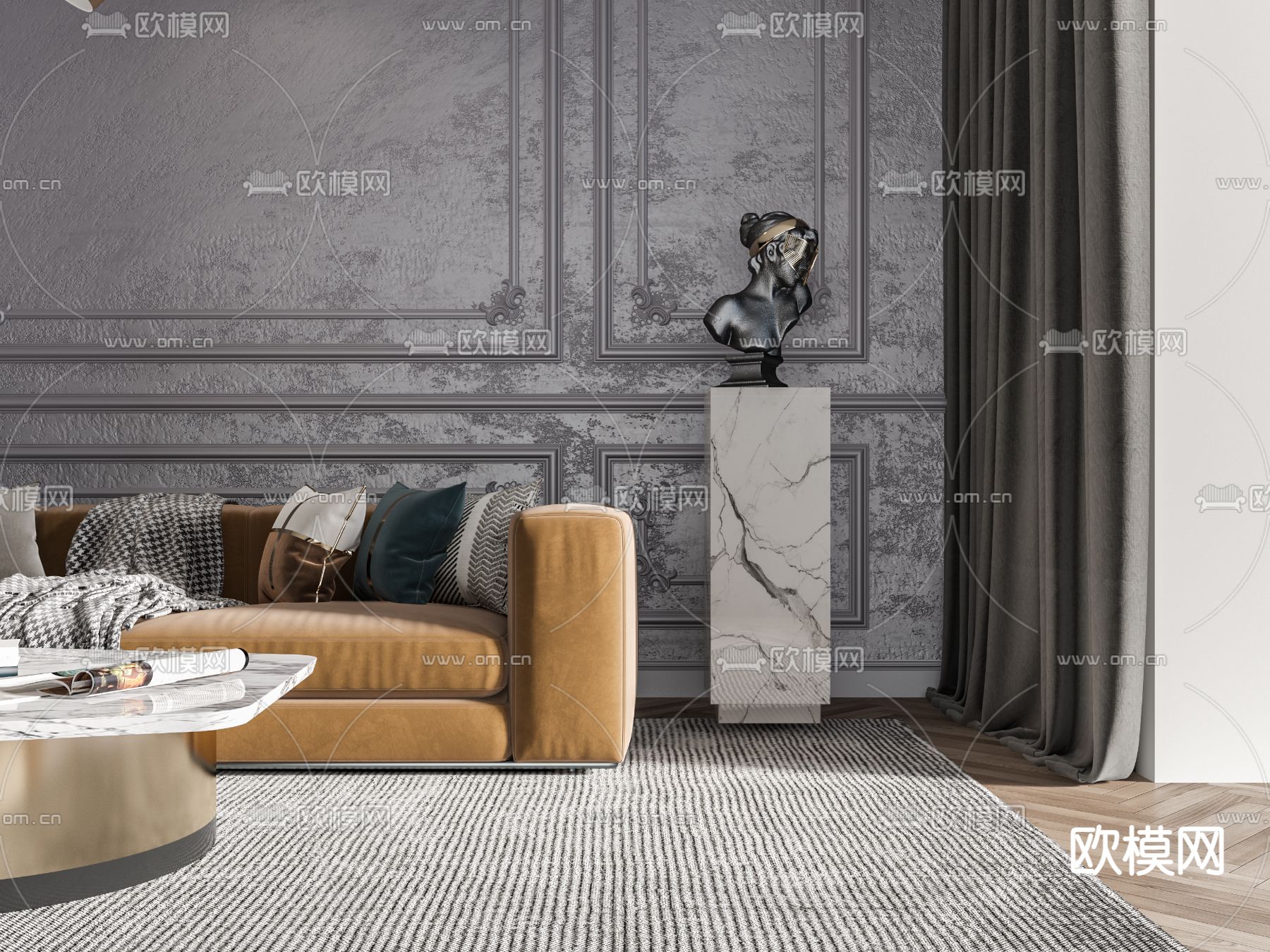 美式绒布沙发组合3d模型下载（渲染图3）