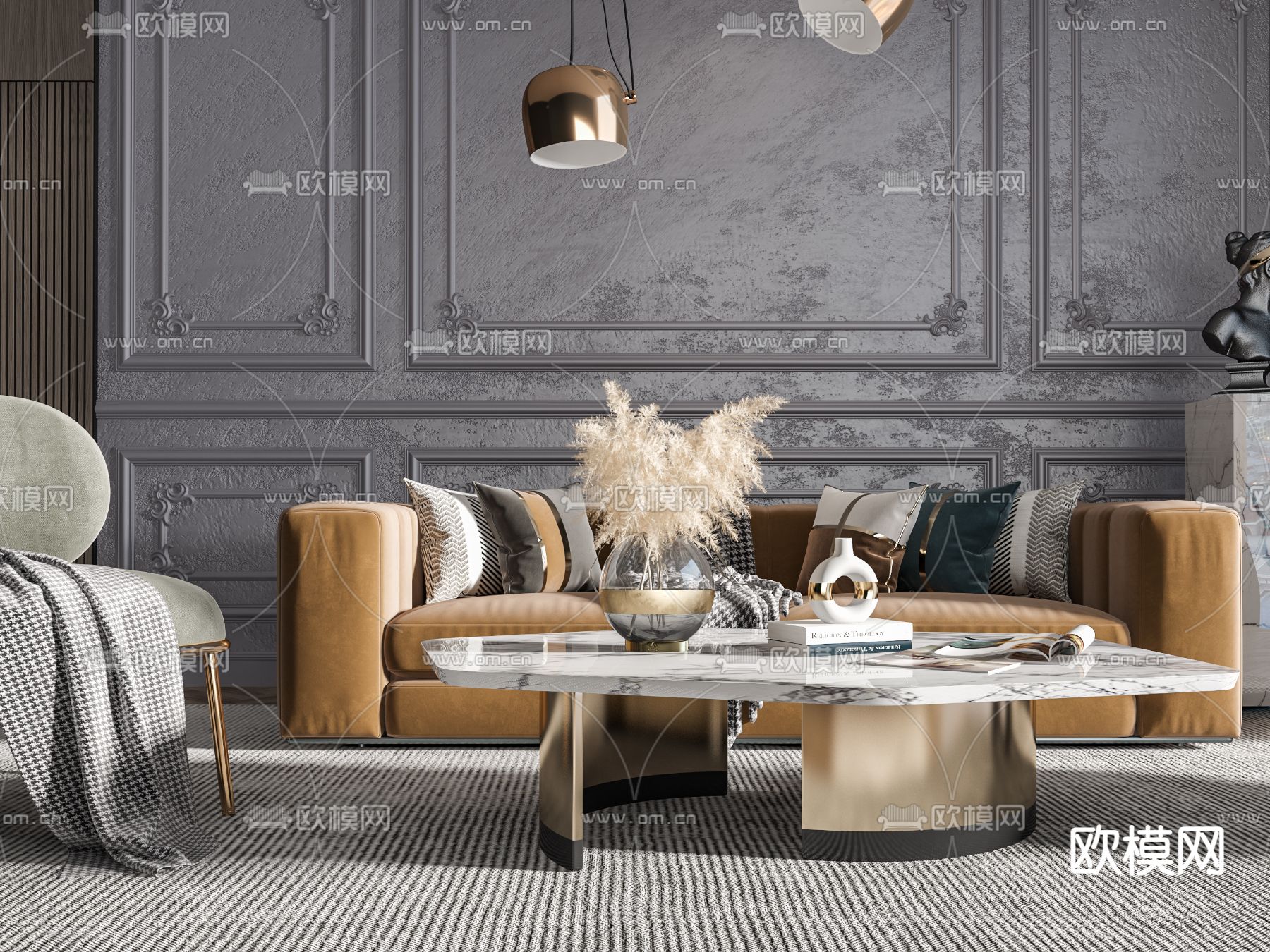 美式绒布沙发组合3d模型下载（渲染图2）