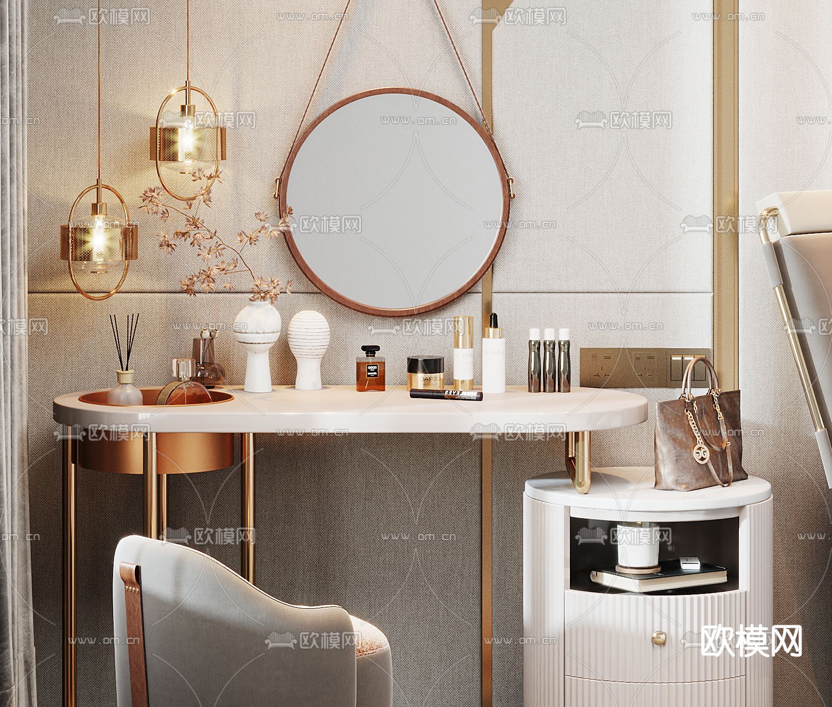 现代轻奢梳妆台3d模型下载（渲染图2）