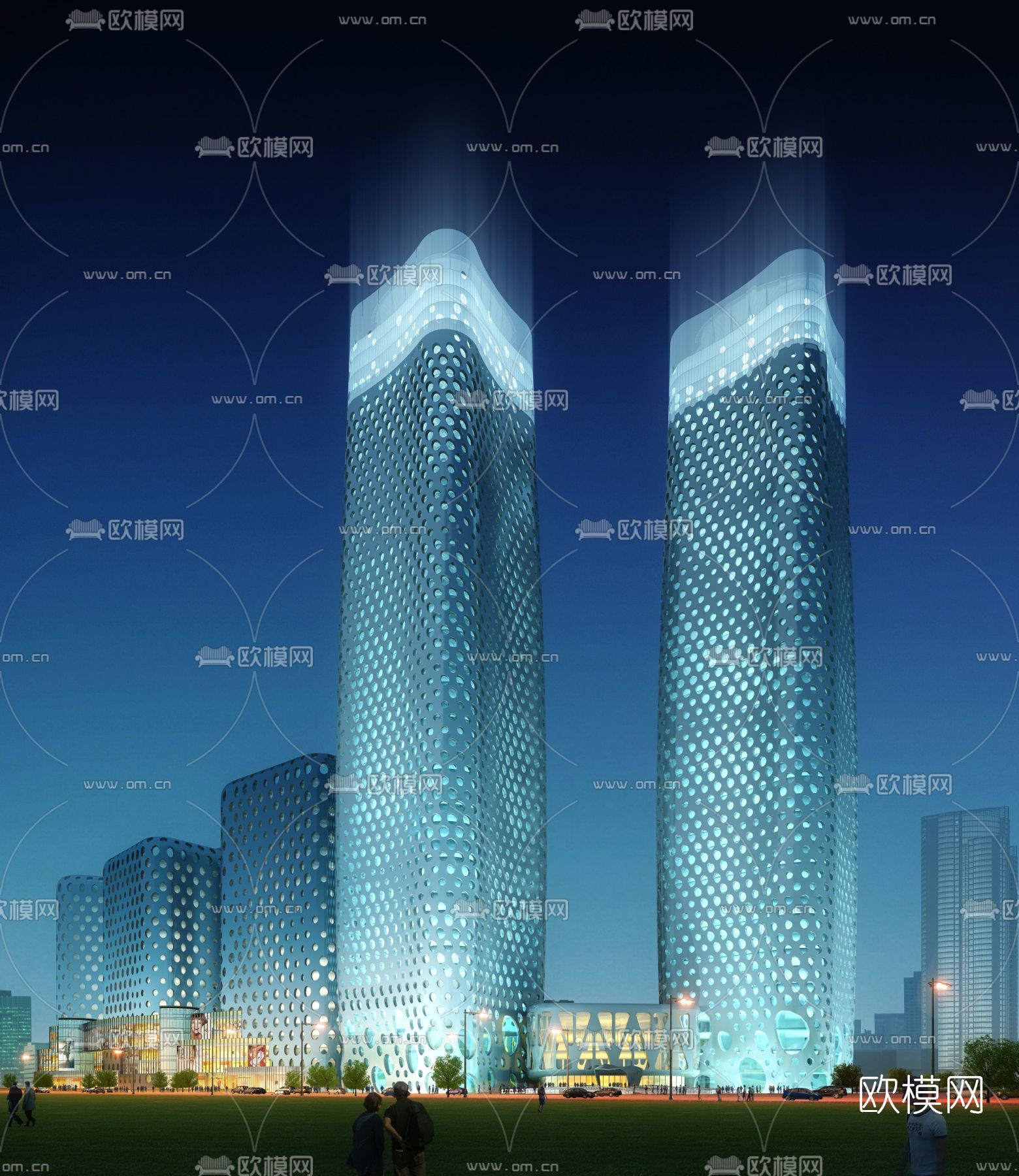 现代办公楼建筑外观夜景免费3d模型下载