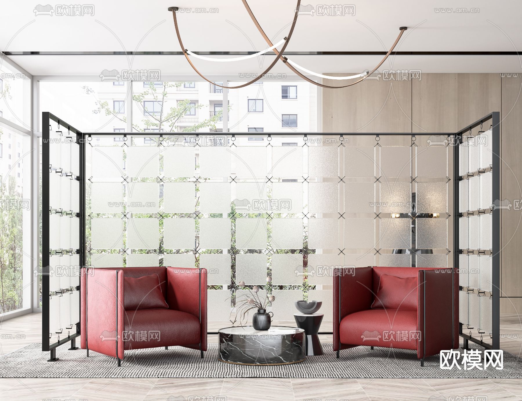 现代皮革休闲沙发玻璃屏风3d模型下载