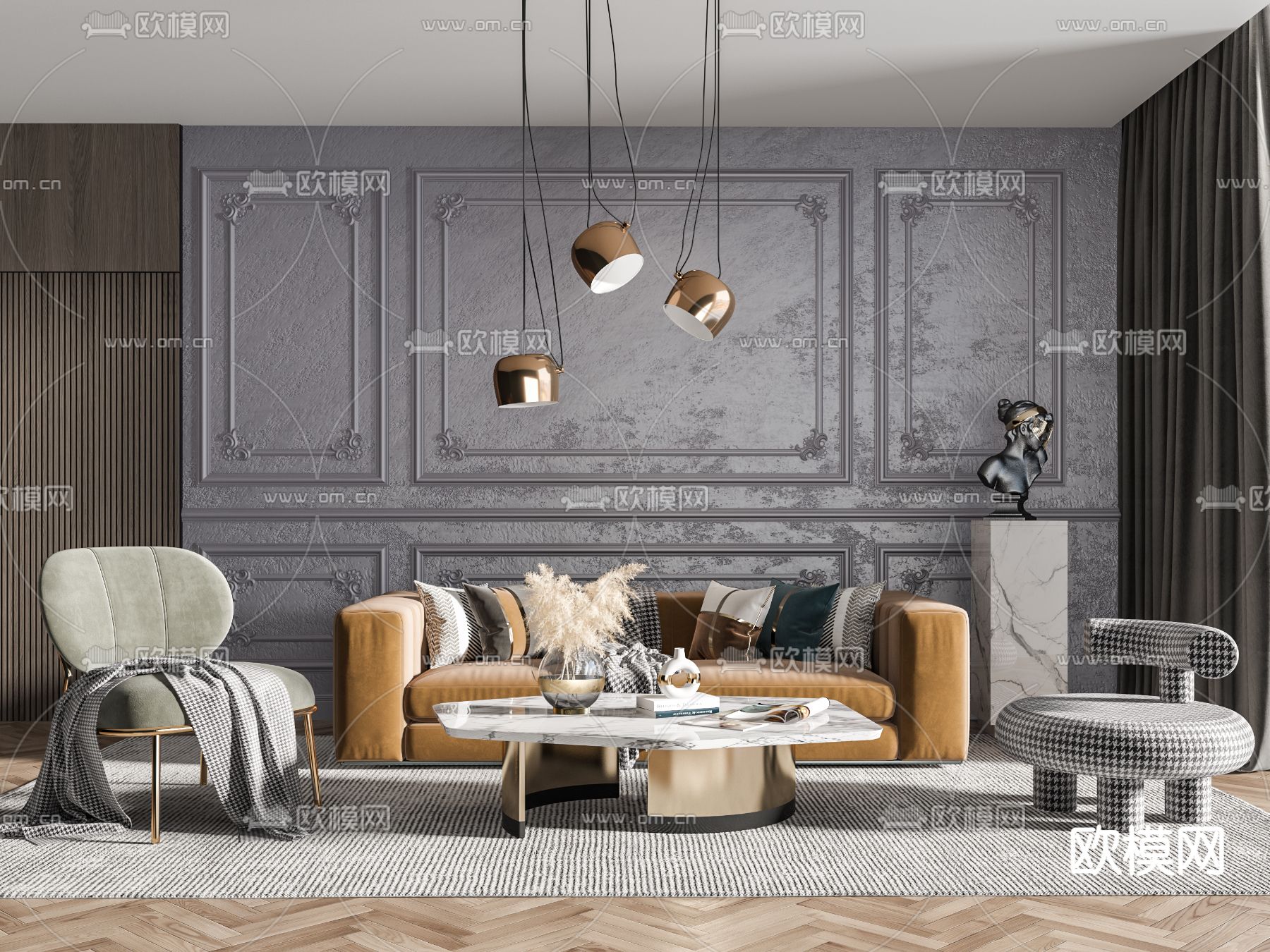 美式绒布沙发组合3d模型下载（渲染图1）