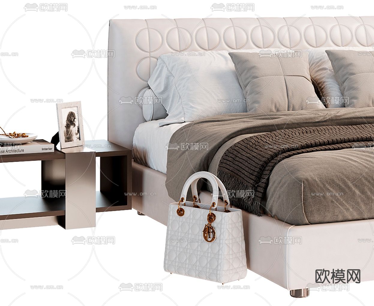 现代布艺双人床3d模型下载（渲染图3）