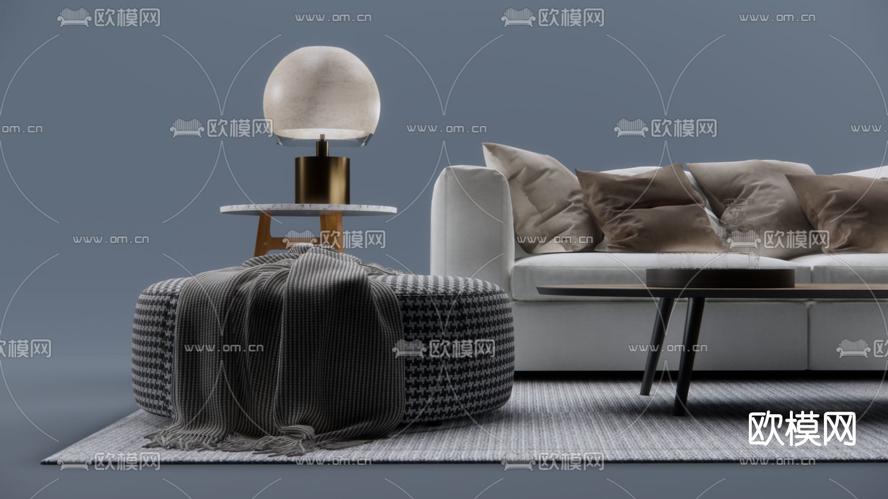 北欧布艺沙发组合su模型下载（渲染图2）