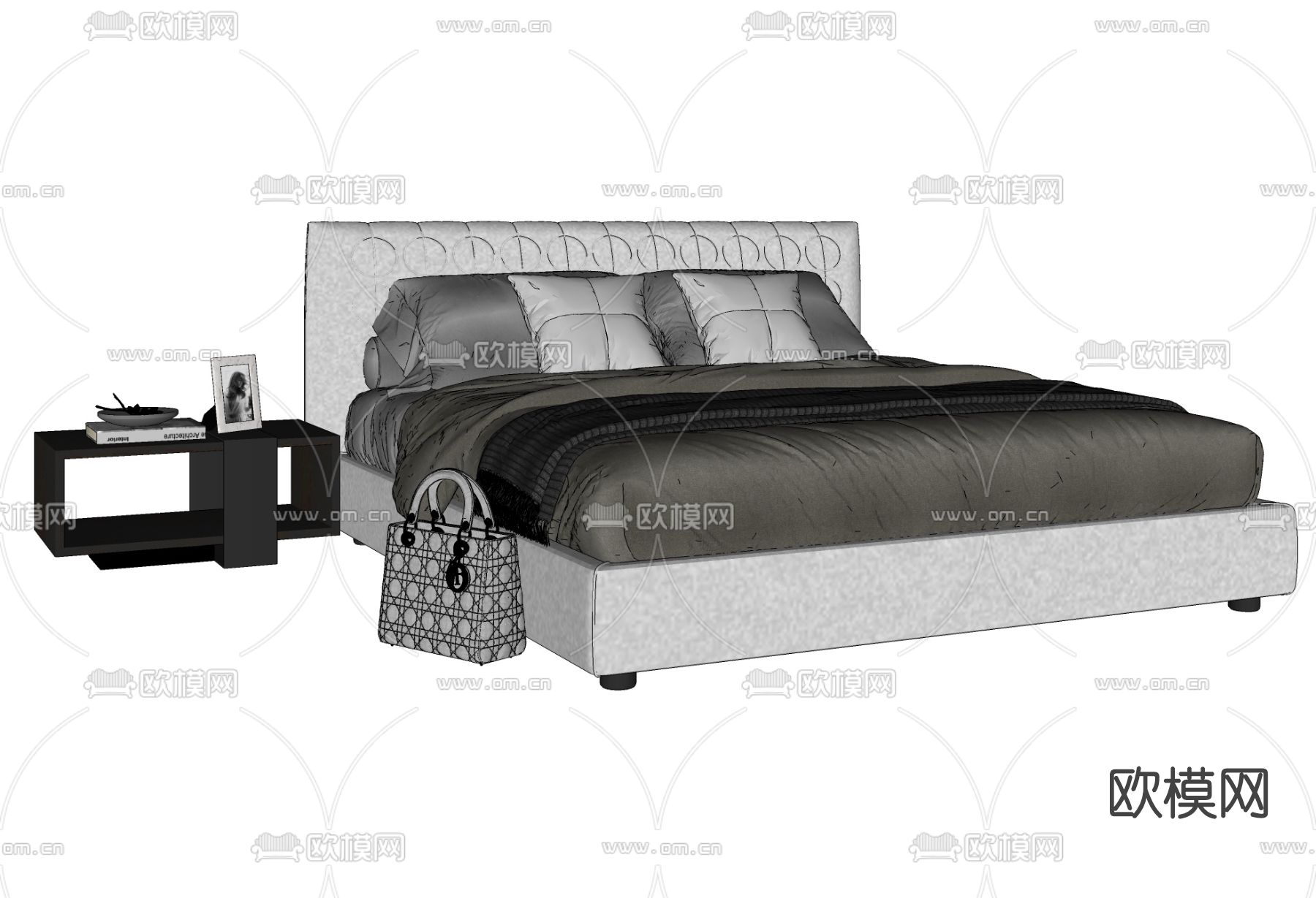 现代布艺双人床su模型下载（渲染图2）