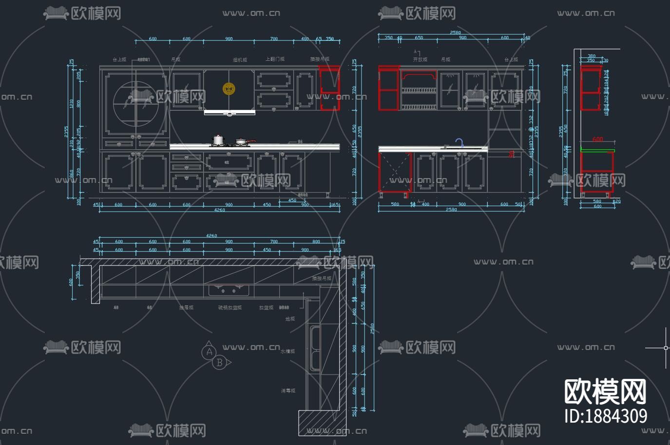 新中式橱柜cad立面图下载（渲染图4）