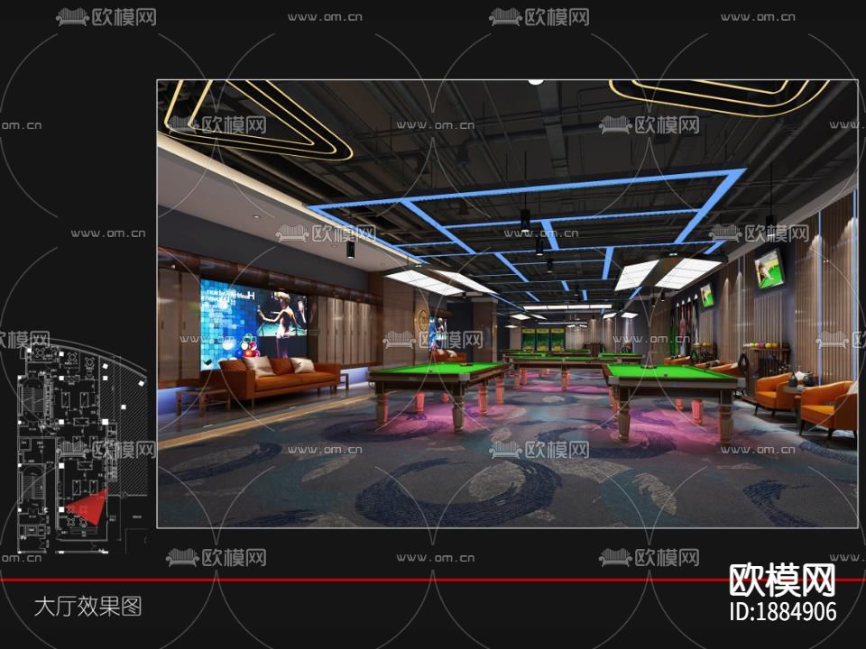 台球俱乐部cad施工图下载（渲染图5）