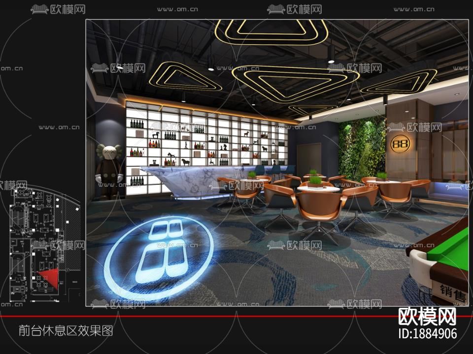 台球俱乐部cad施工图下载（渲染图3）