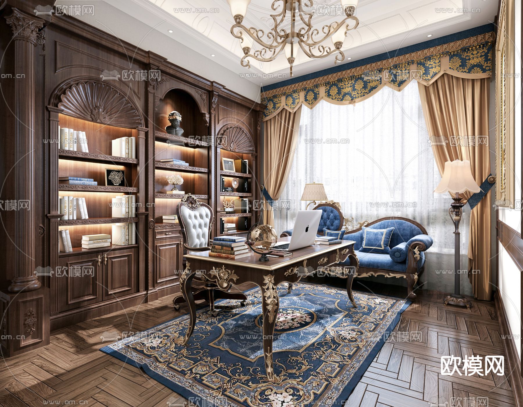 欧式奢华书房3d模型下载（渲染图1）