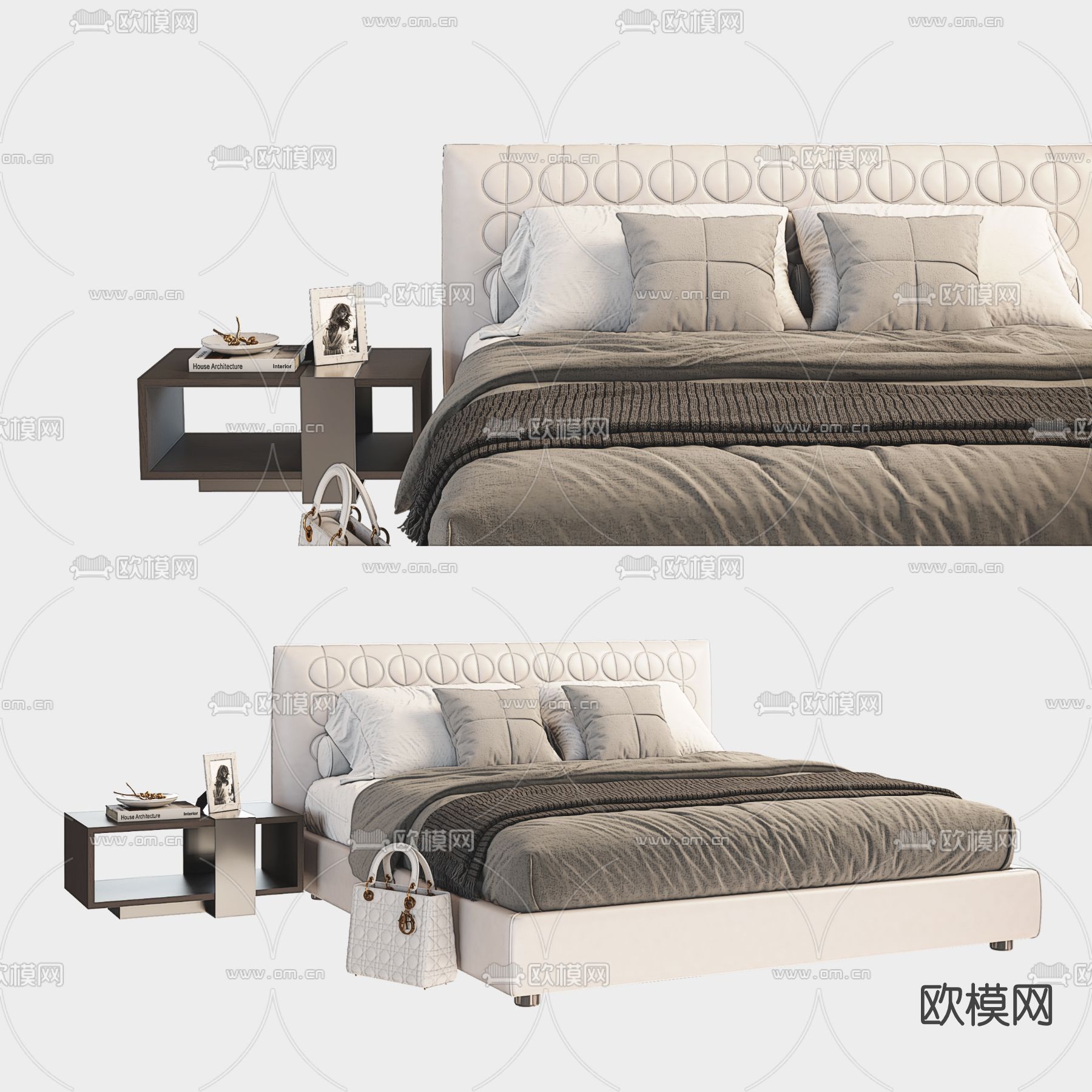 现代布艺双人床su模型下载（渲染图1）