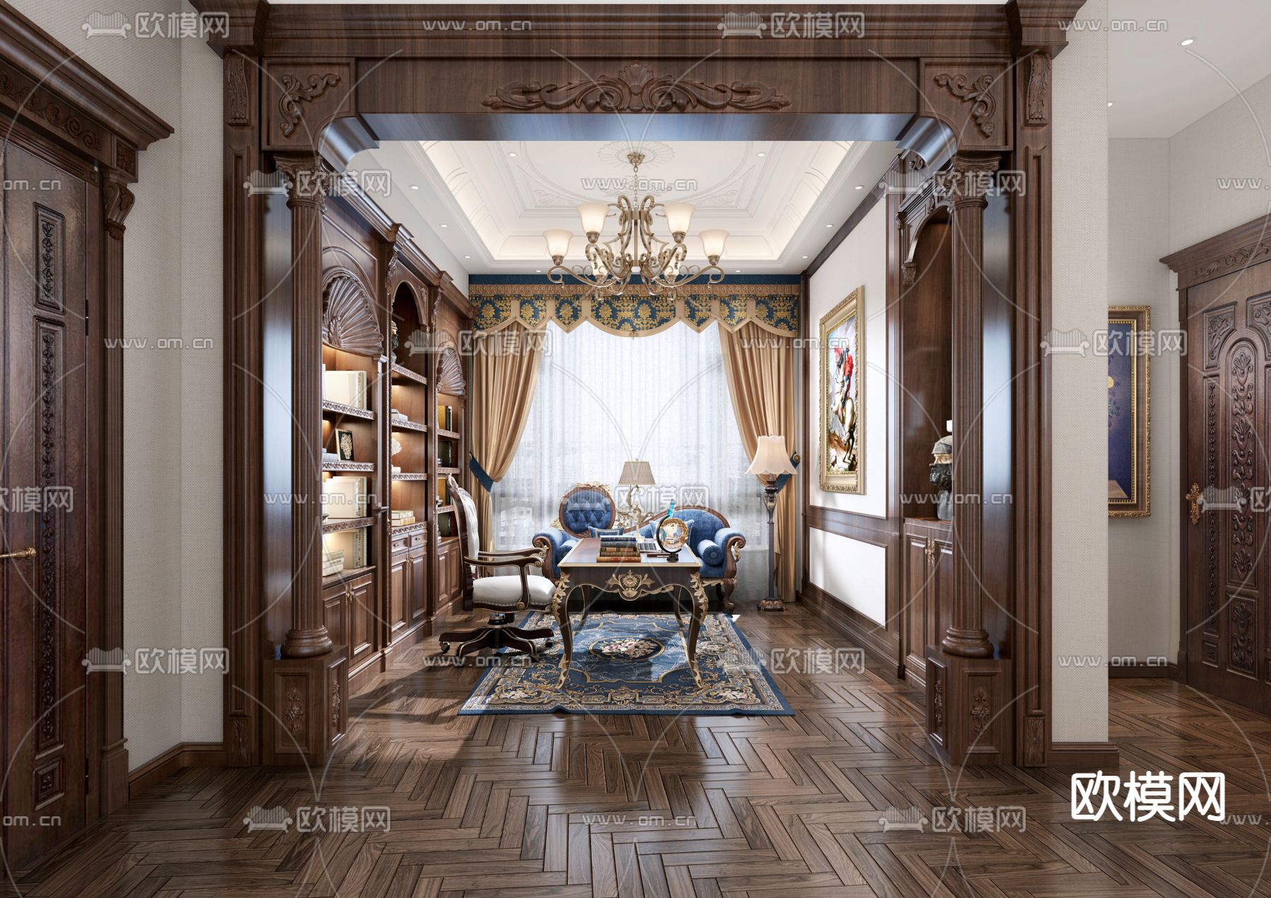 欧式奢华书房3d模型下载（渲染图3）