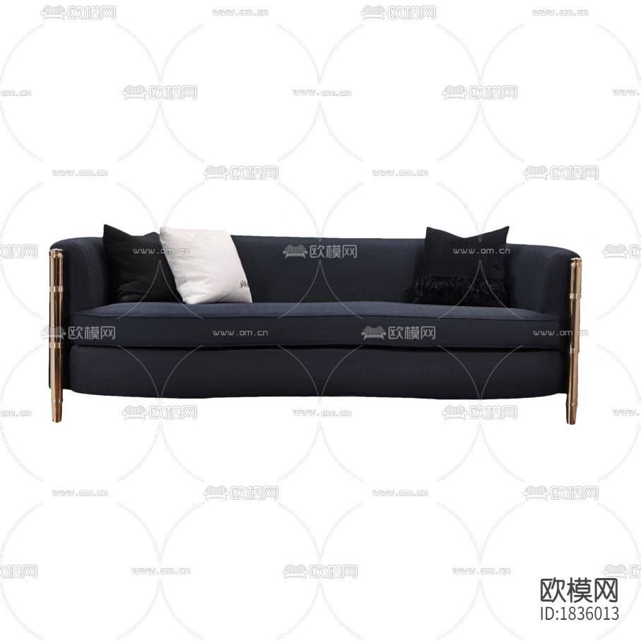 现代轻奢宝蓝色布艺不锈钢三人沙发下载