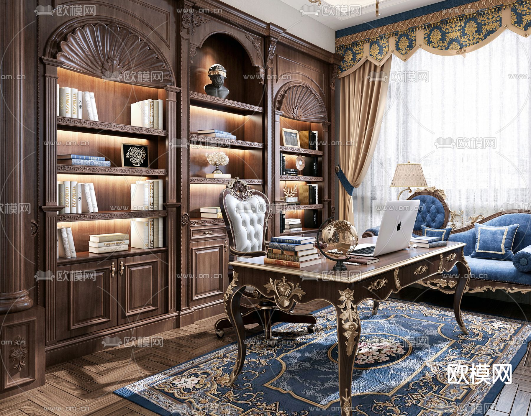 欧式奢华书房3d模型下载（渲染图2）