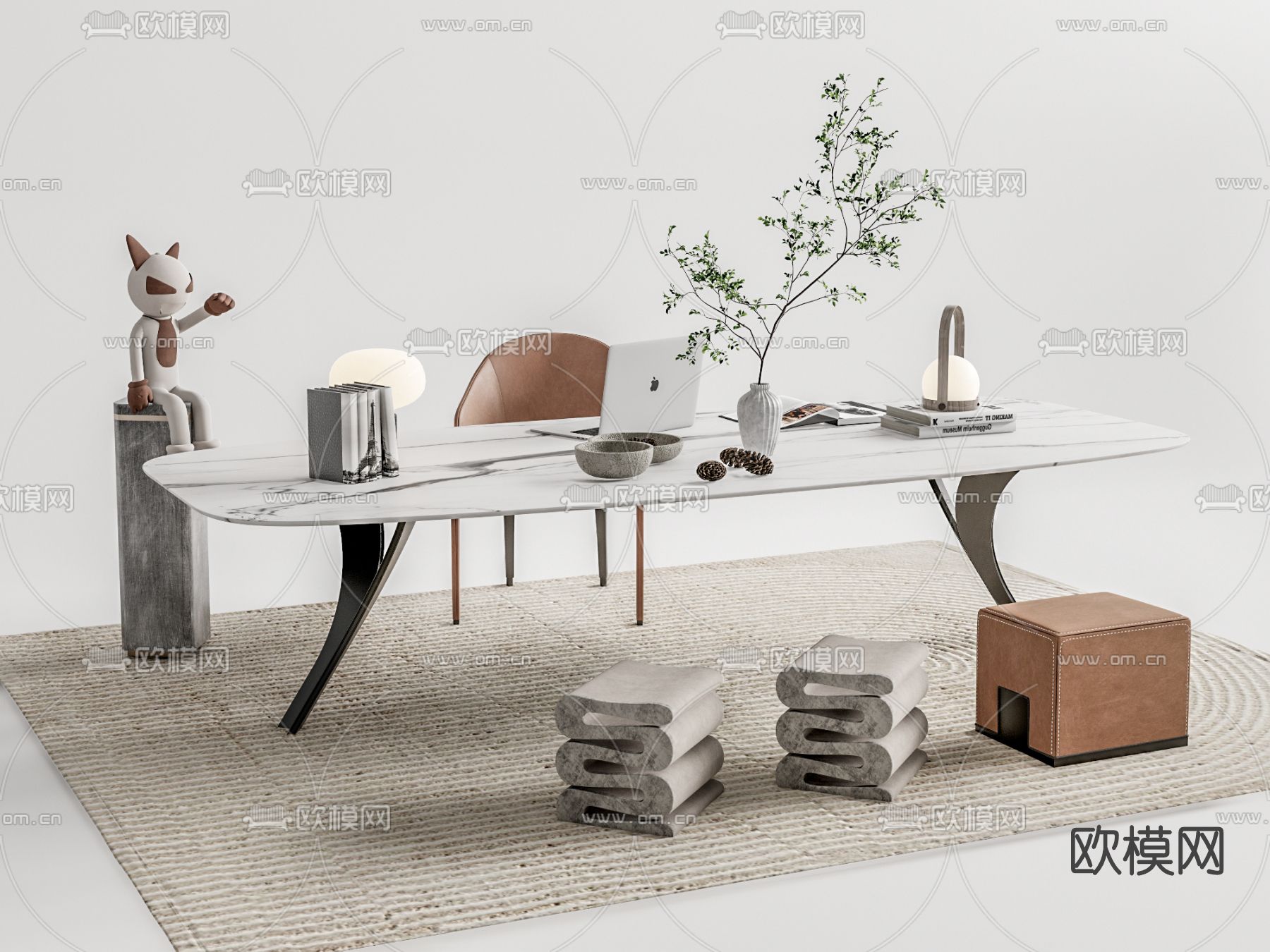 现代大理石书桌椅su模型下载（渲染图1）