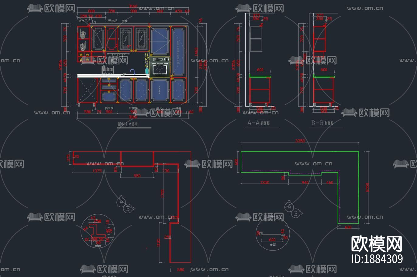 新中式橱柜cad立面图下载（渲染图3）