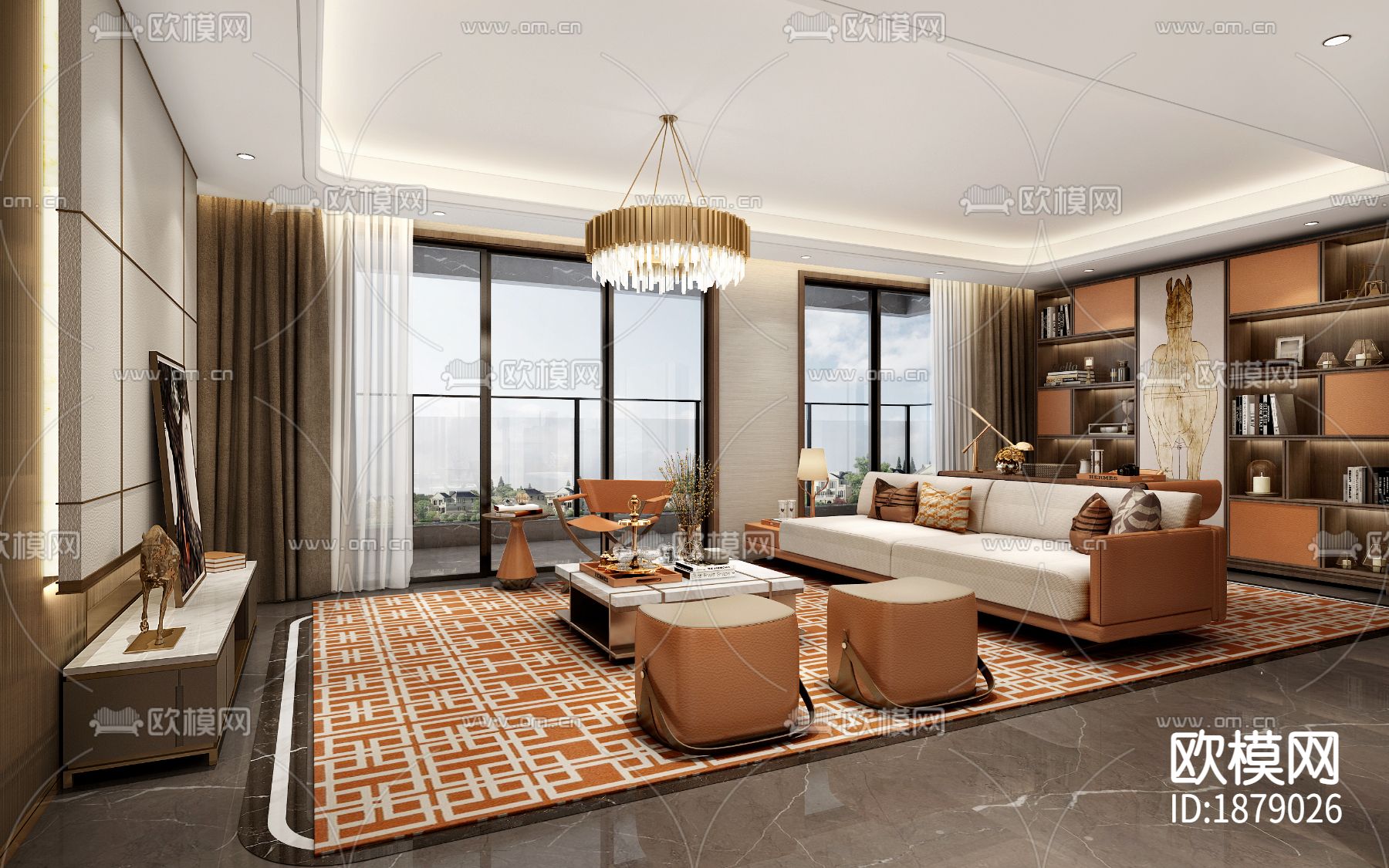 金茂府122㎡现代两居样板间CAD施工图效果图下载（渲染图7）