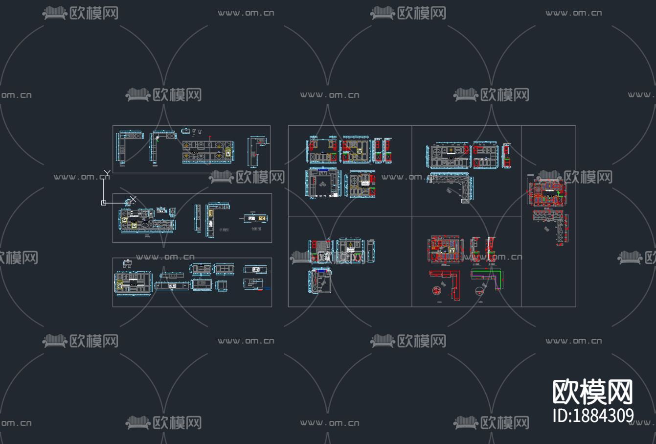 新中式橱柜cad立面图下载（渲染图6）