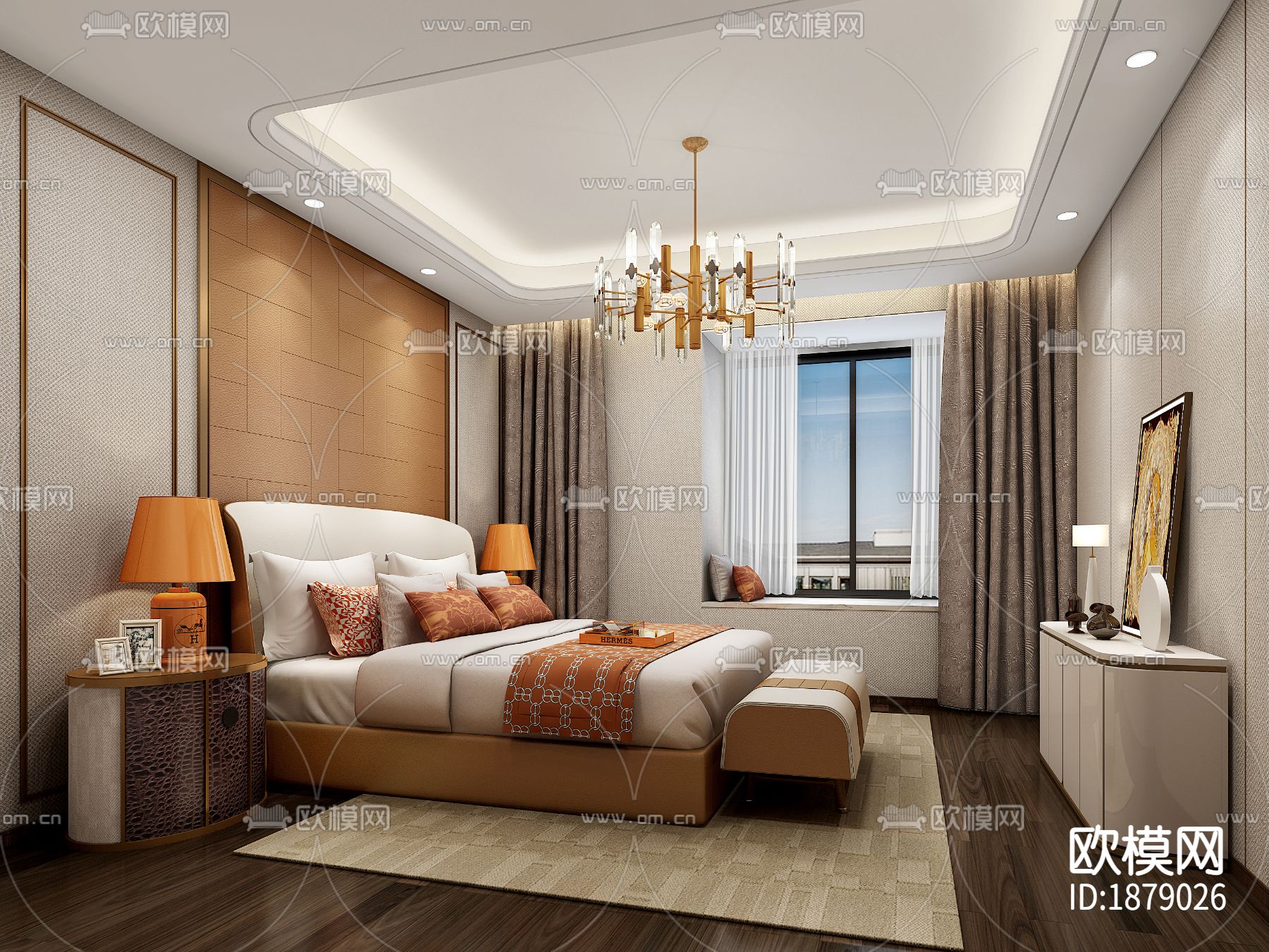 金茂府122㎡现代两居样板间CAD施工图效果图下载（渲染图8）