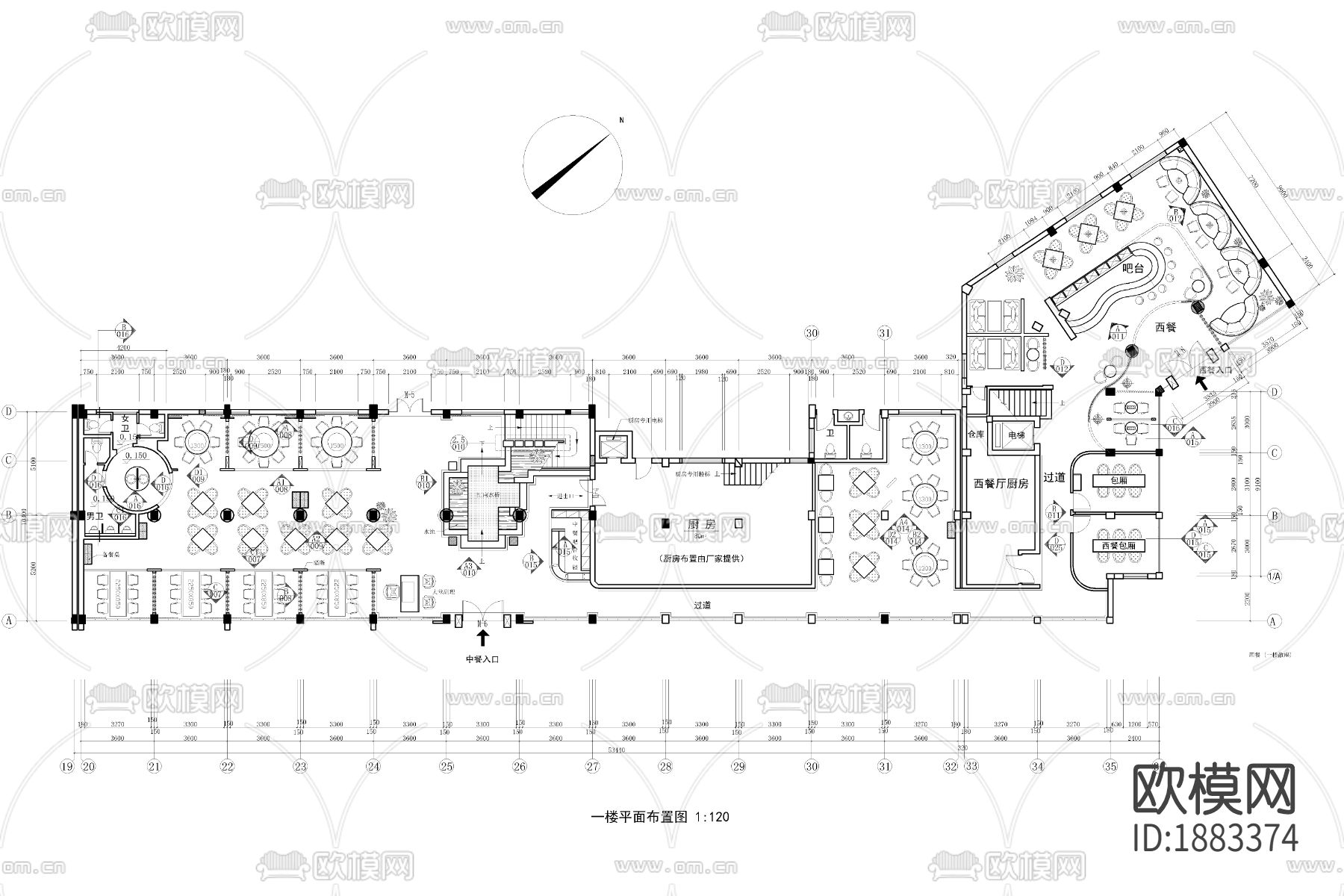 中餐厅cad施工图下载（渲染图2）