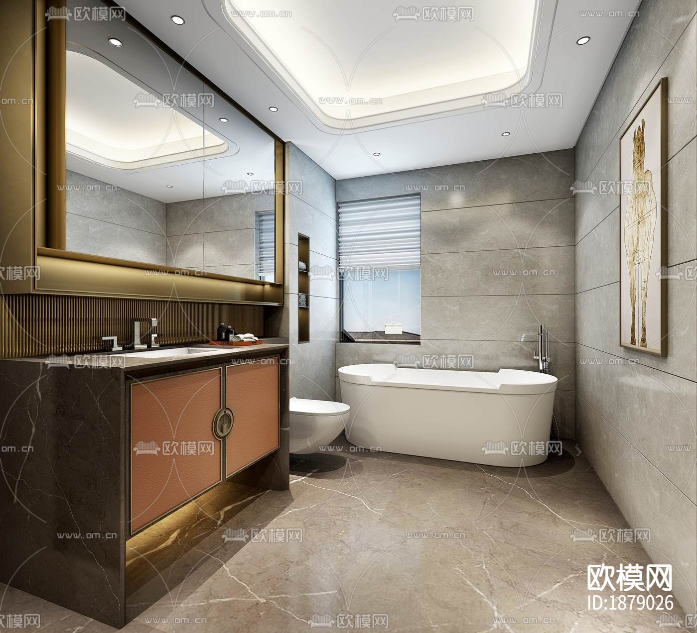 金茂府122㎡现代两居样板间CAD施工图效果图下载（渲染图5）