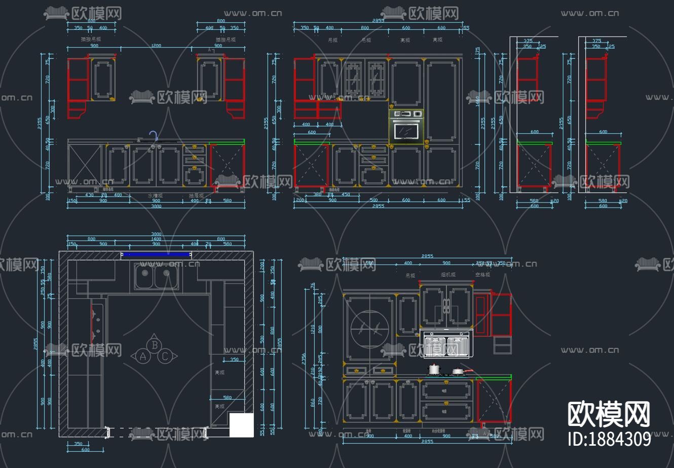 新中式橱柜cad立面图下载（渲染图1）