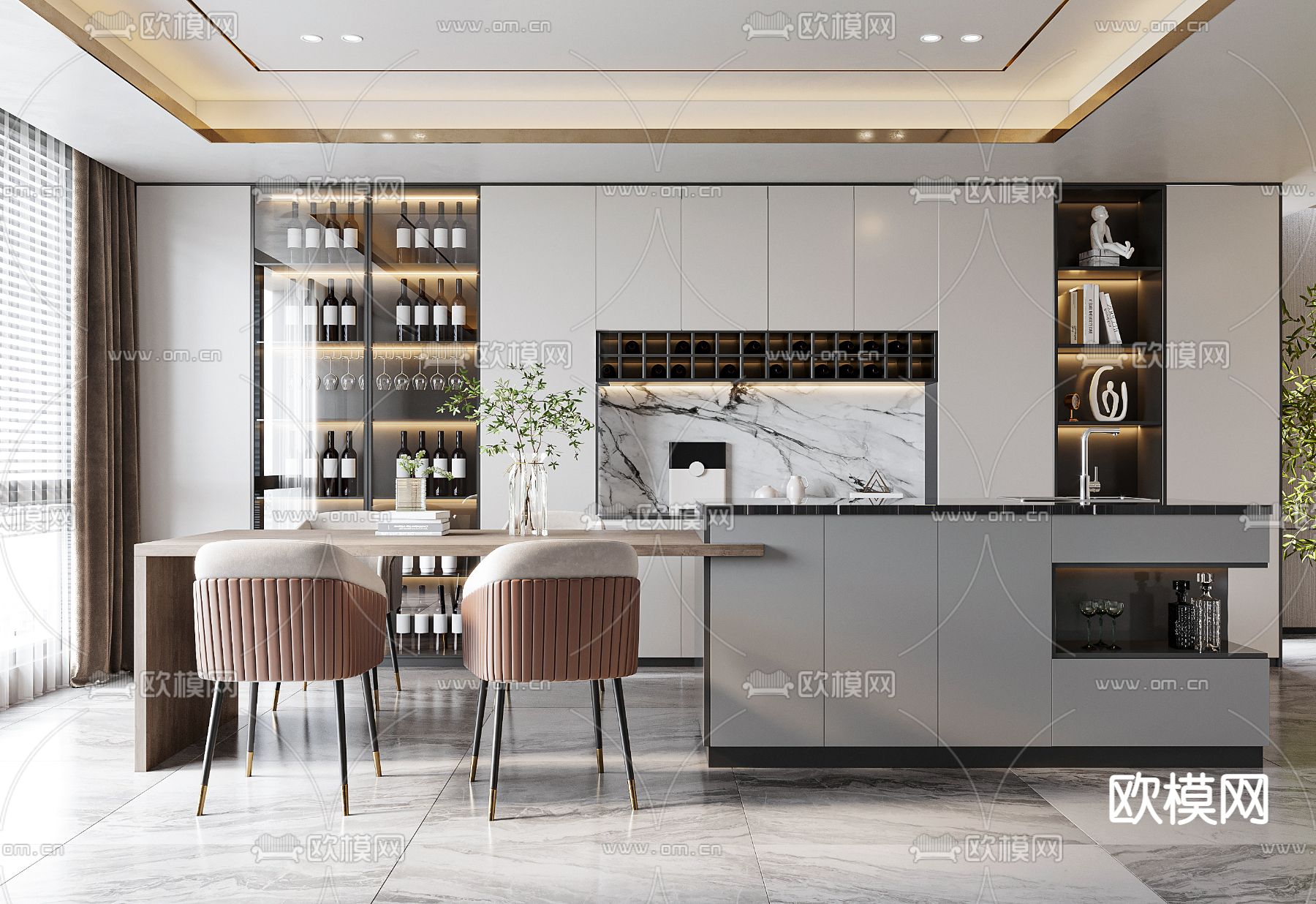 现代中岛餐桌椅3d模型下载