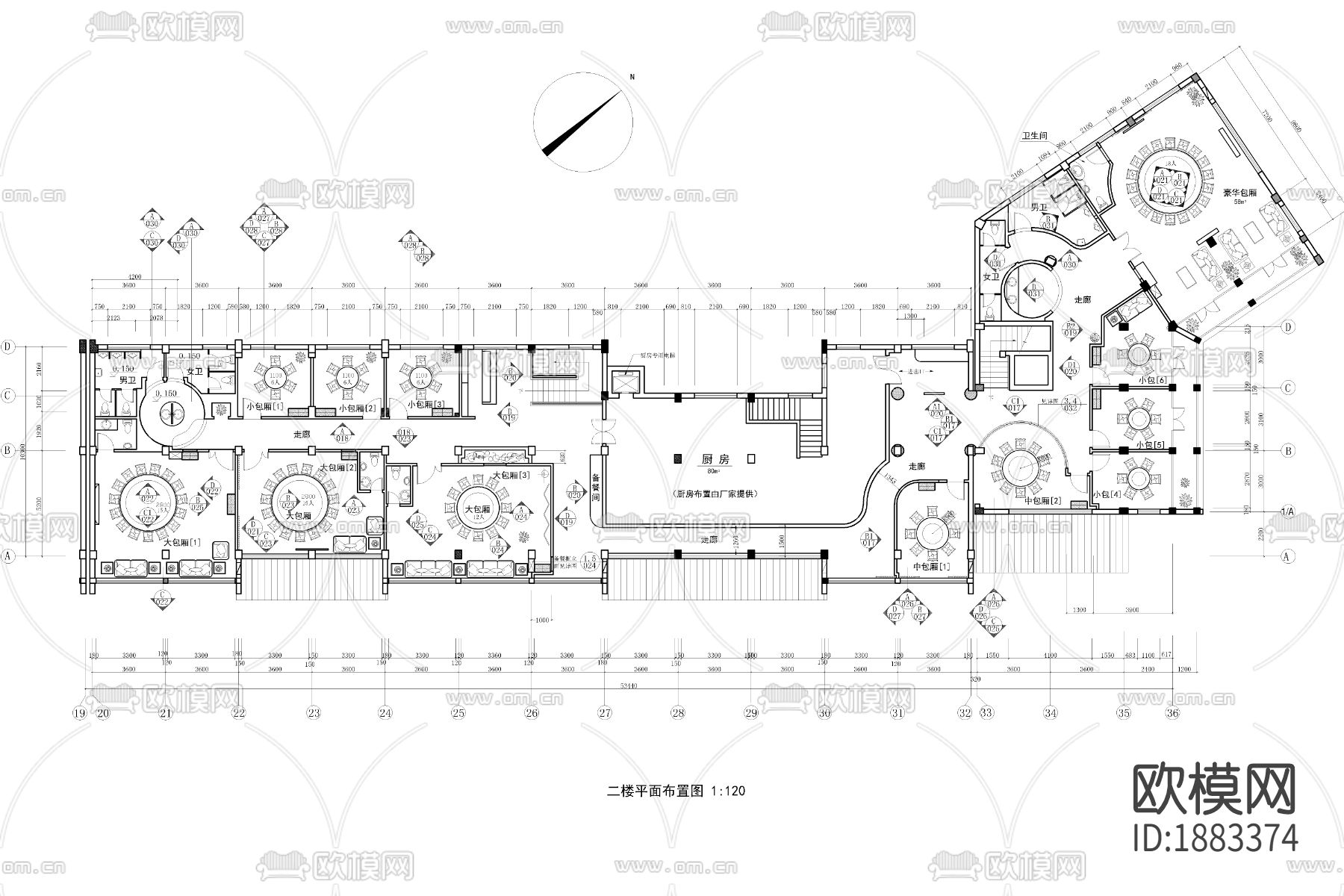 中餐厅cad施工图下载（渲染图1）