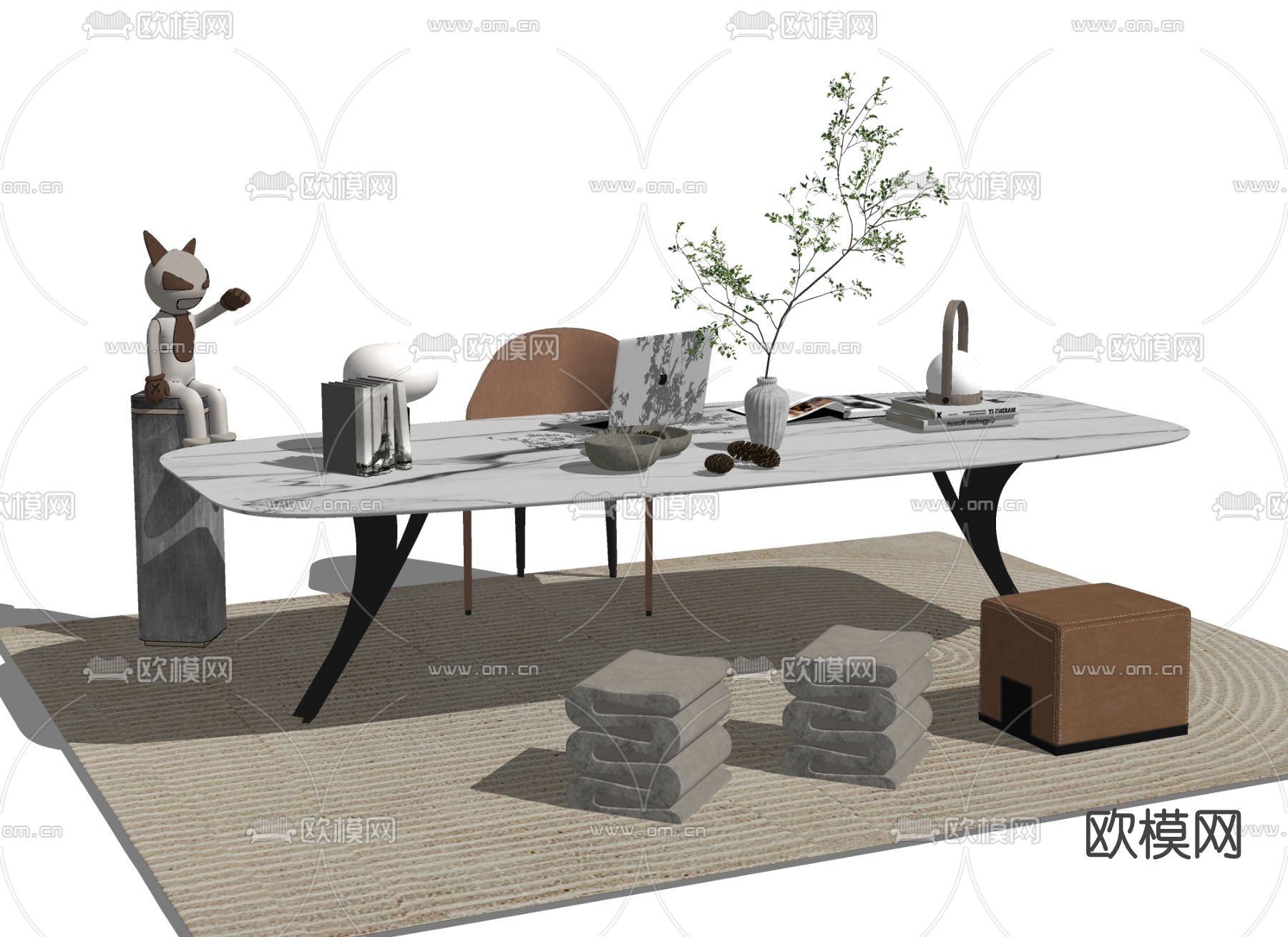 现代大理石书桌椅su模型下载（渲染图2）