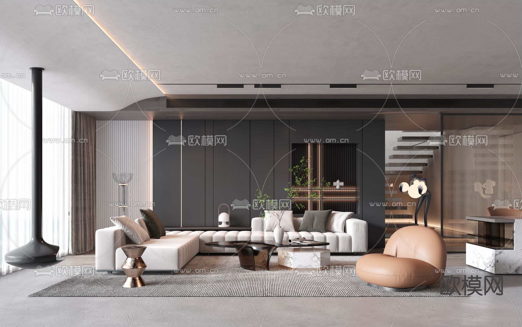 现代布艺转角沙发组合3d模型下载（渲染图1）