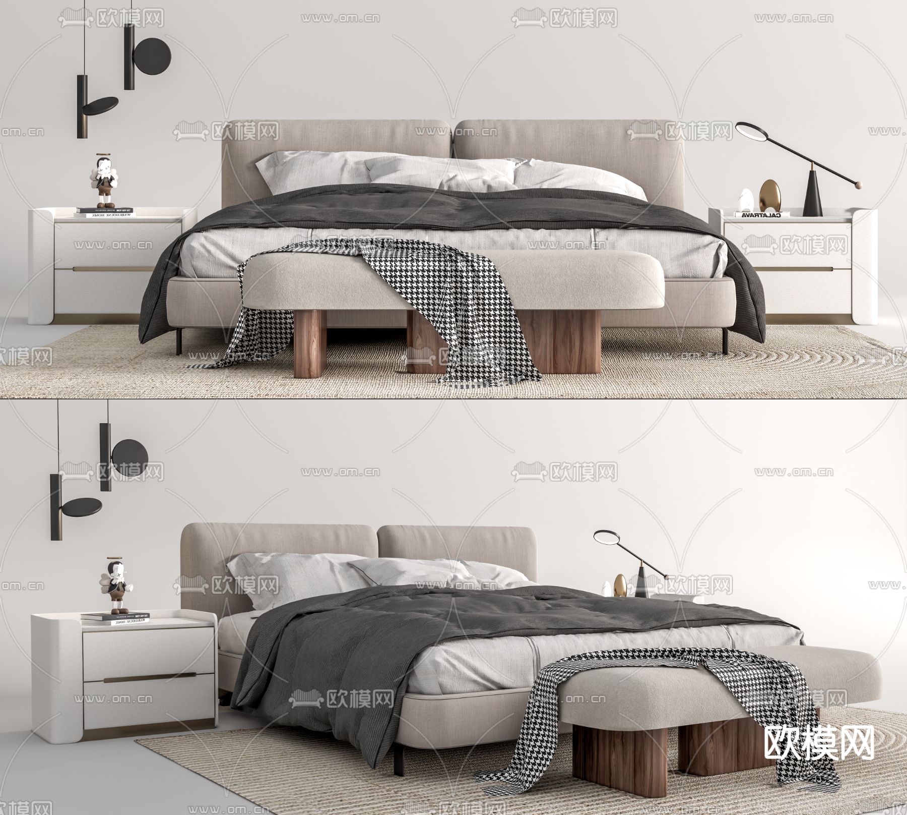 现代布艺双人床su模型下载（渲染图1）