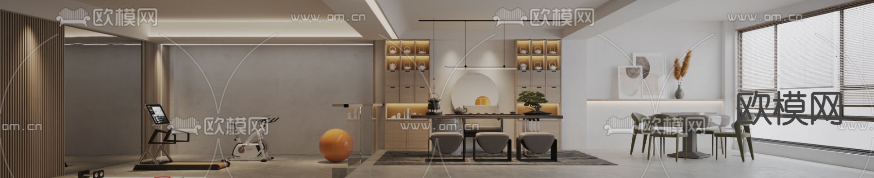 现代地下室茶室健身房3d模型下载（渲染图1）