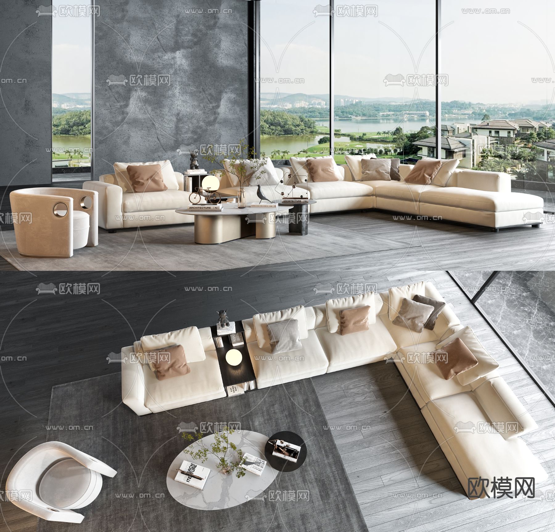 现代布艺转角沙发组合3d模型下载（渲染图1）