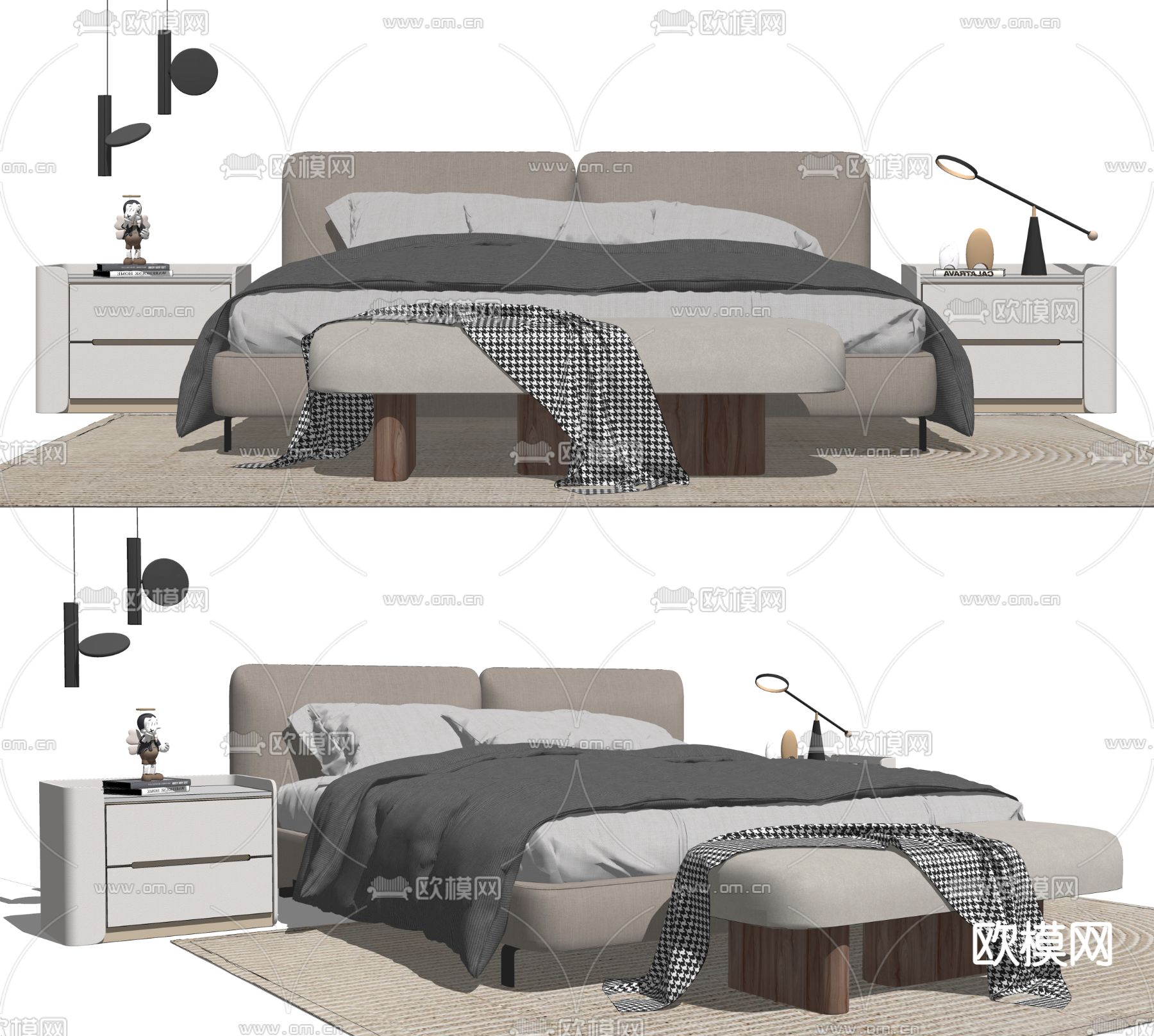 现代布艺双人床su模型下载（渲染图2）