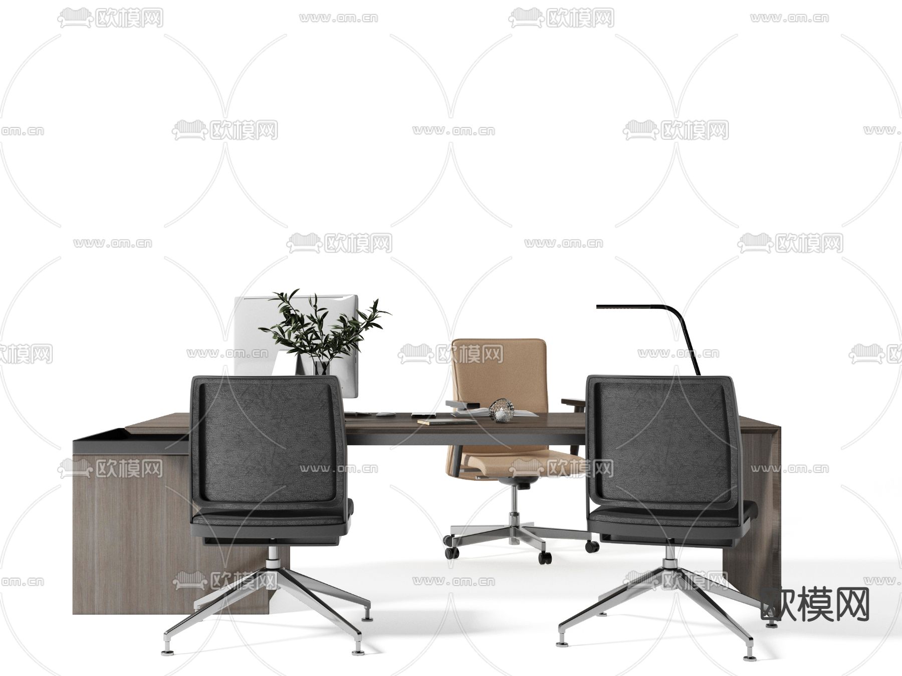 现代办公班台桌椅3d模型下载（渲染图1）