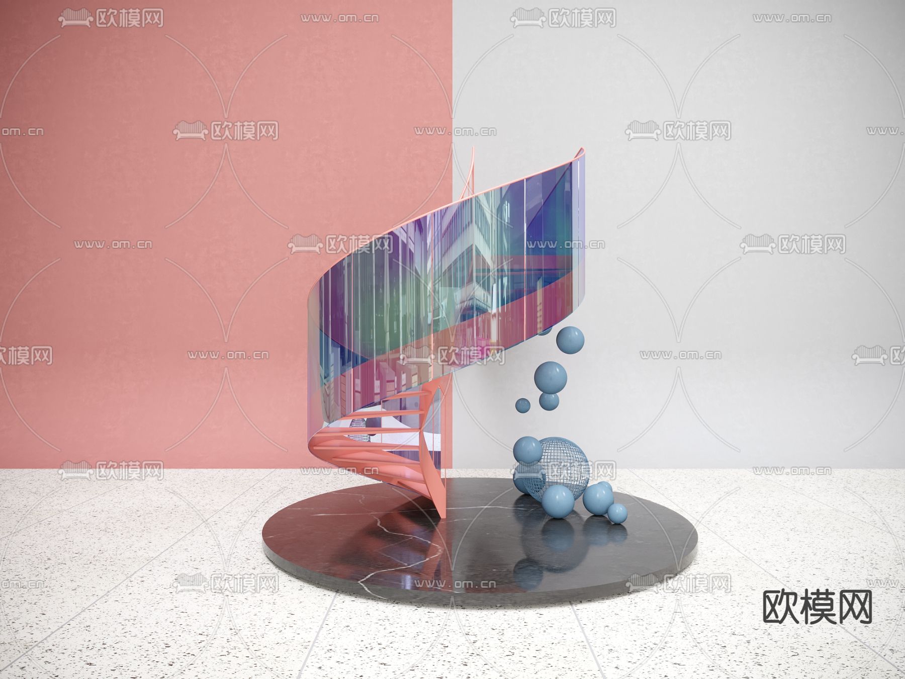现代炫彩玻璃钢结构旋转楼梯3d模型下载（渲染图1）