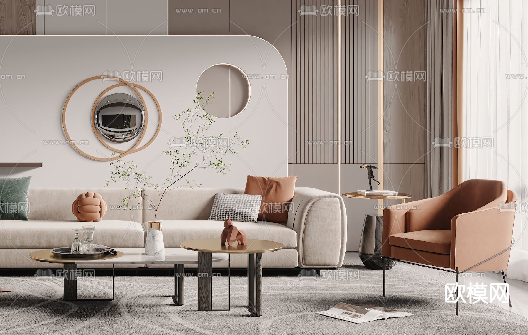 现代布艺转角沙发组合3d模型下载（渲染图2）