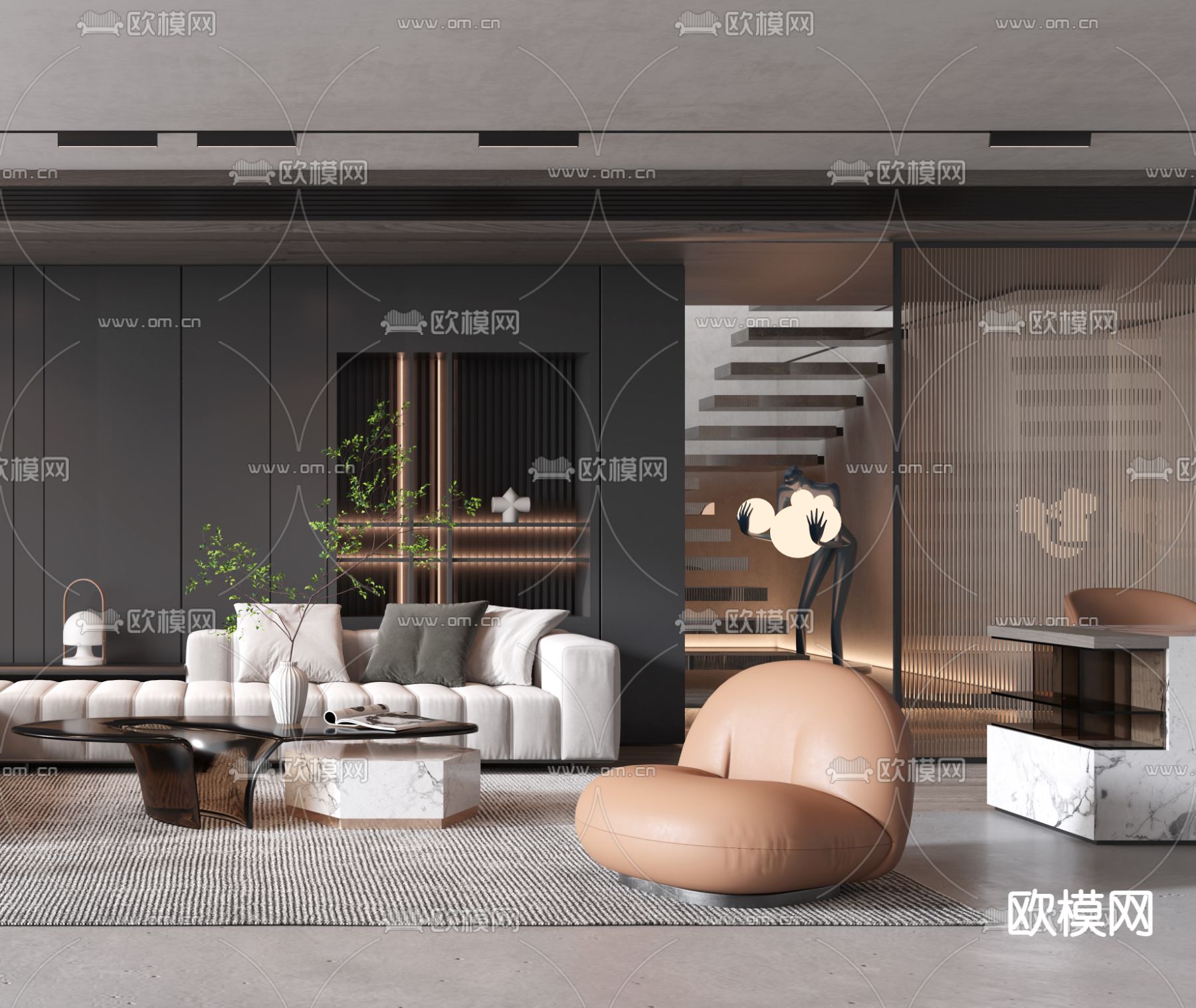 现代布艺转角沙发组合3d模型下载（渲染图3）