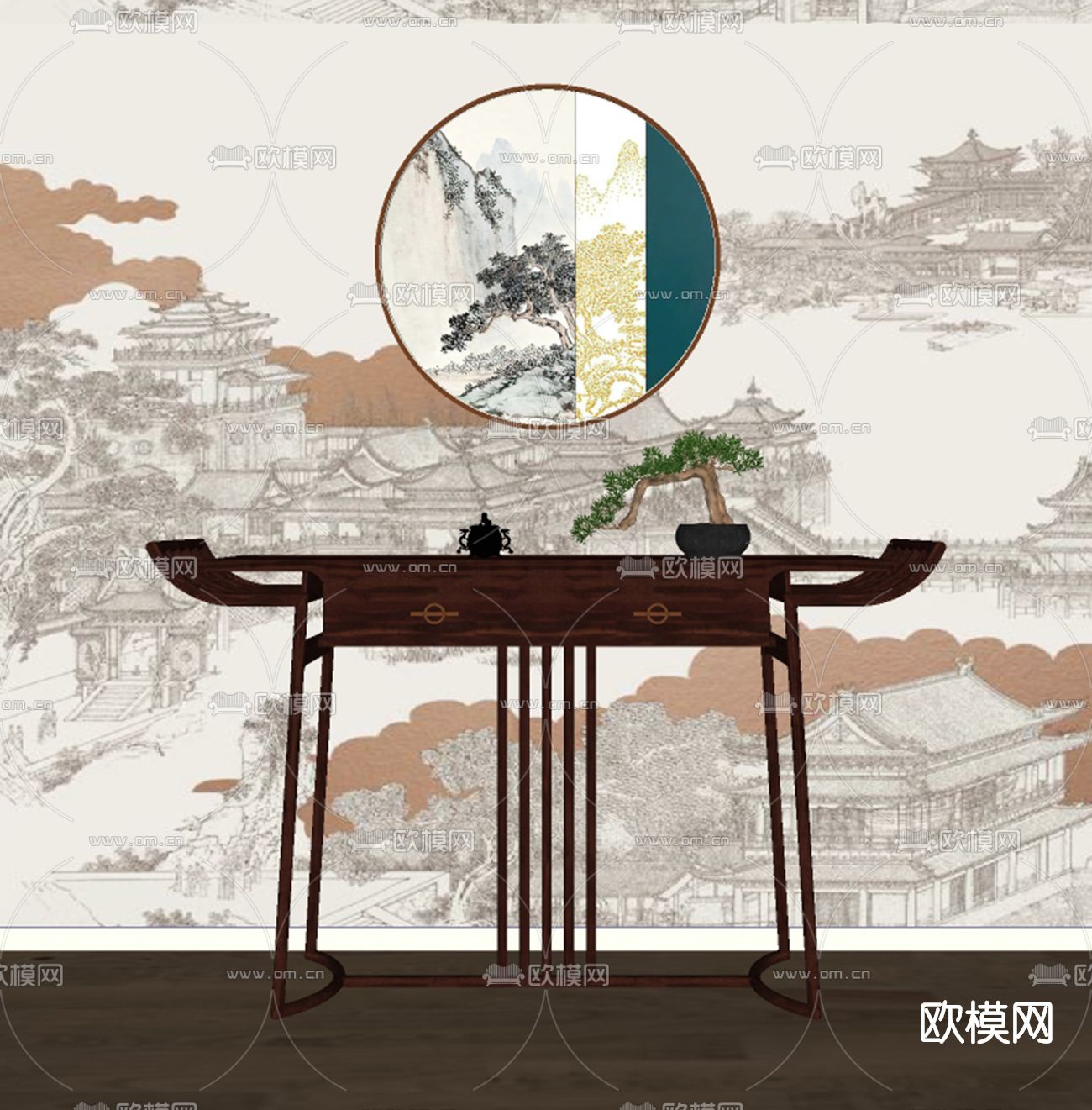 新中式实木端景台案su模型
