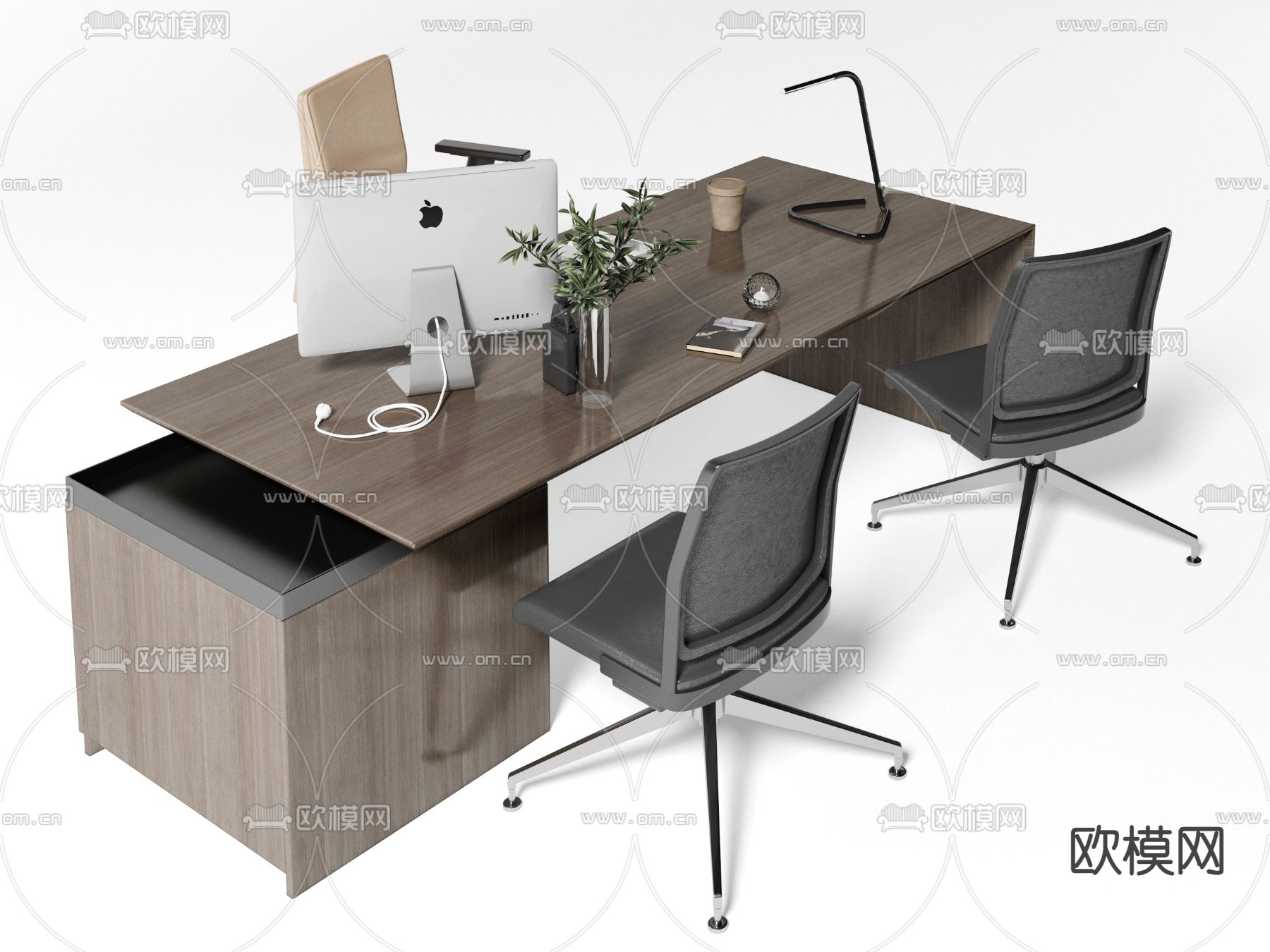 现代办公班台桌椅3d模型下载（渲染图2）