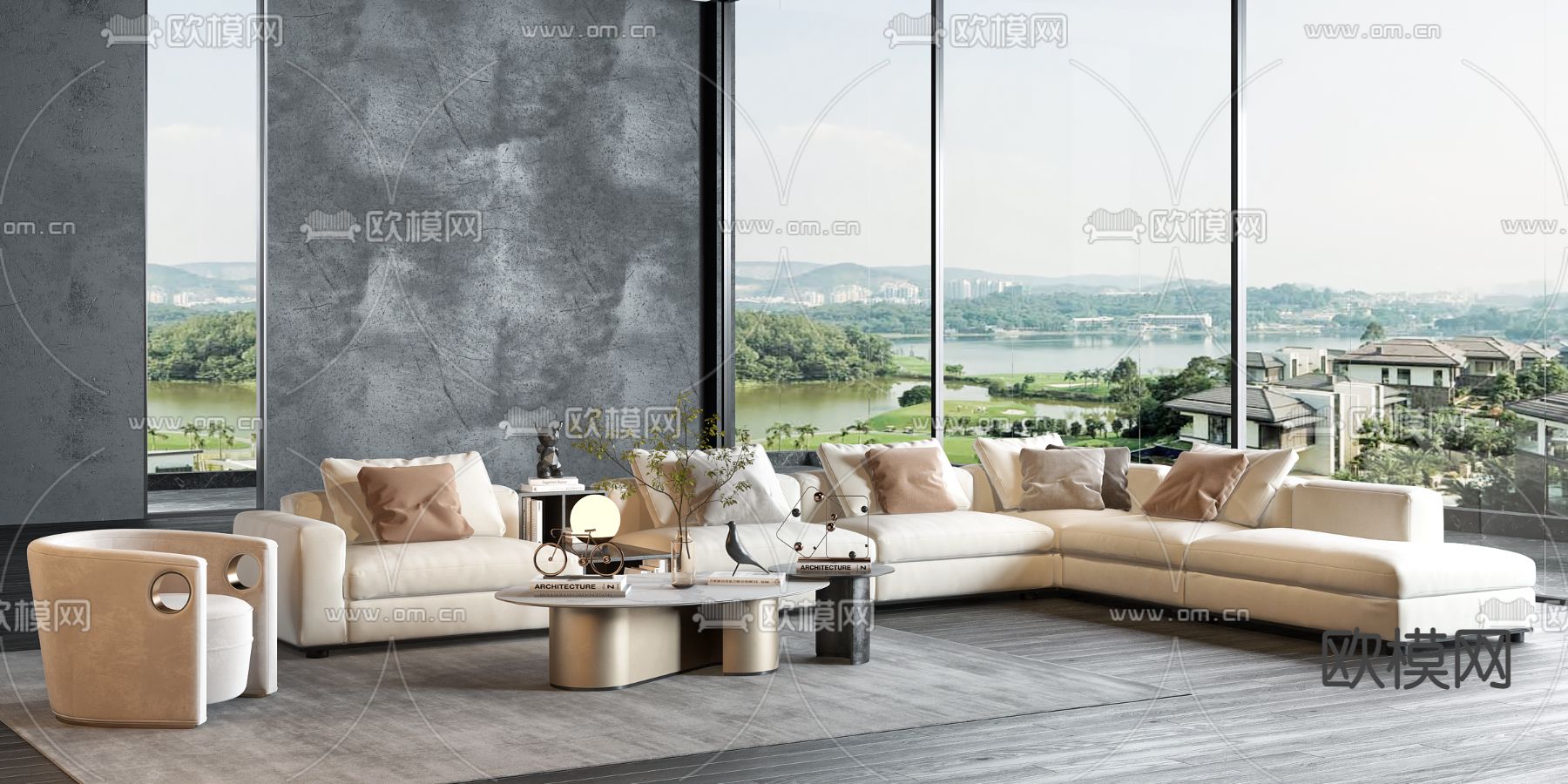 现代布艺转角沙发组合3d模型下载（渲染图2）