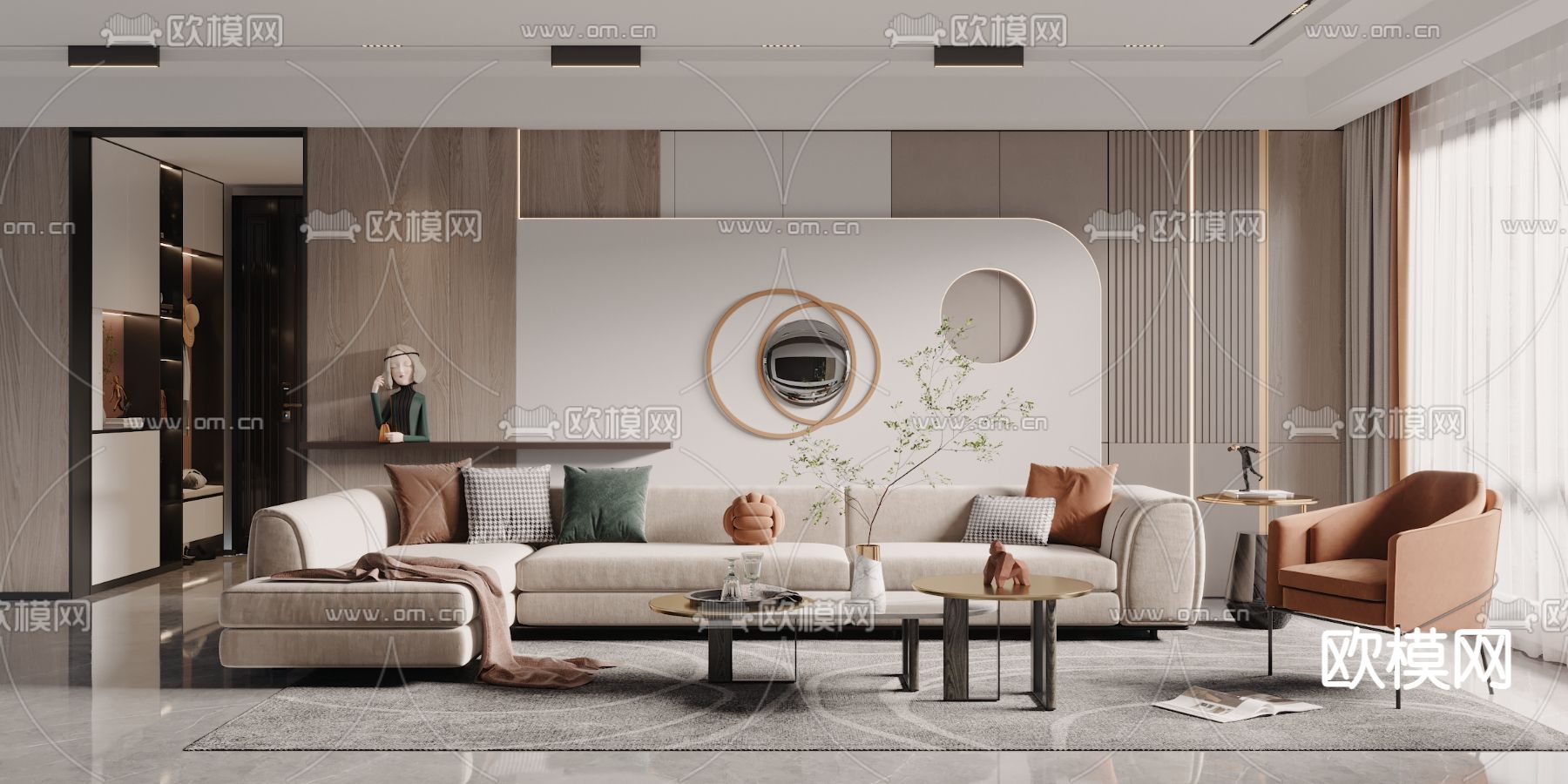 现代布艺转角沙发组合3d模型下载（渲染图1）