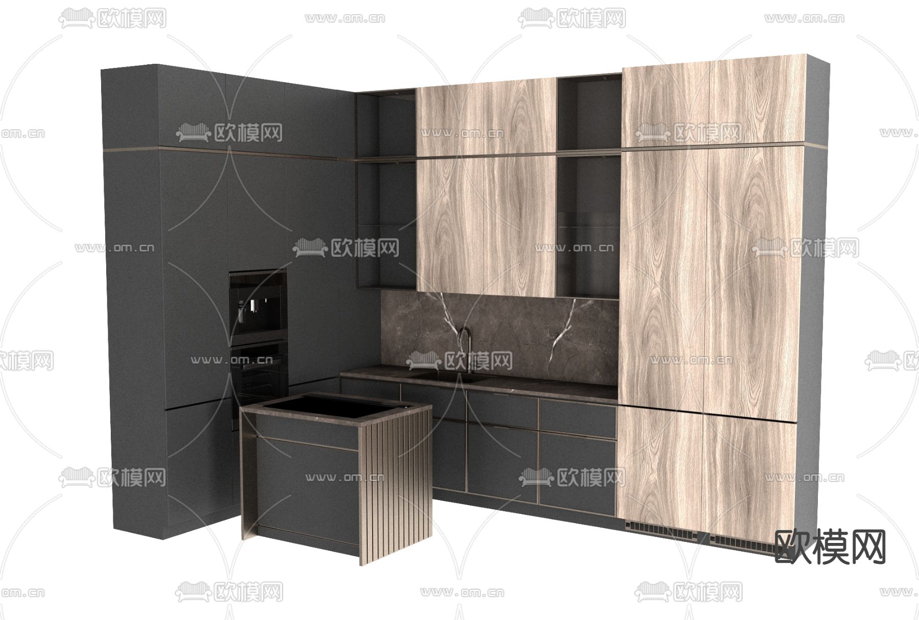 现代实木橱柜免费3d模型下载