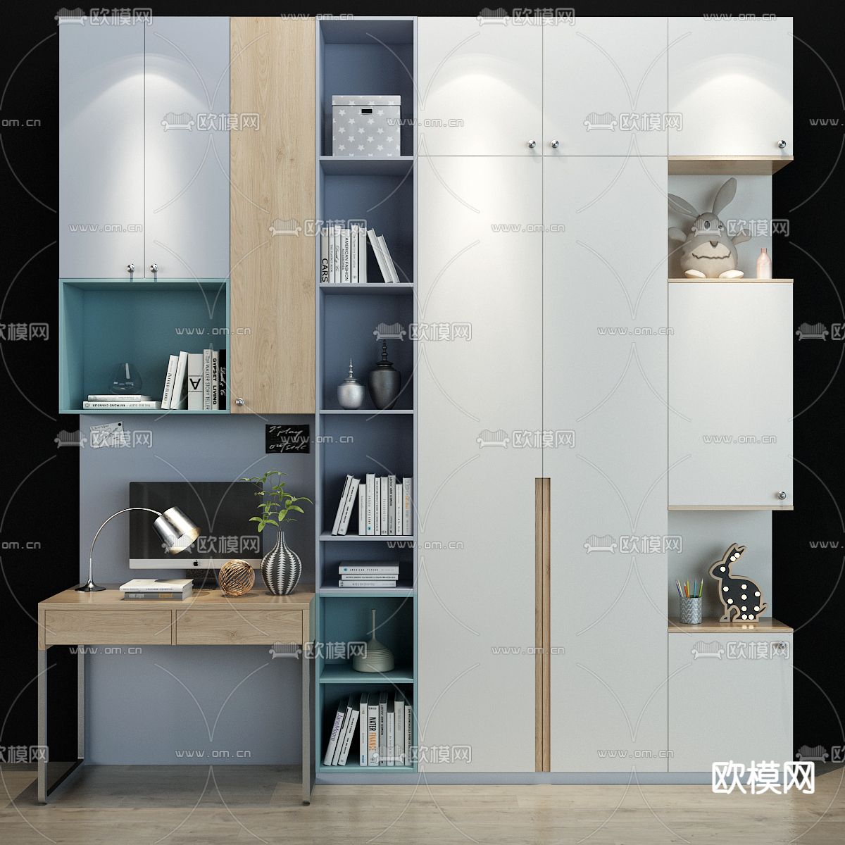 北欧儿童书桌书柜3d模型下载（渲染图1）