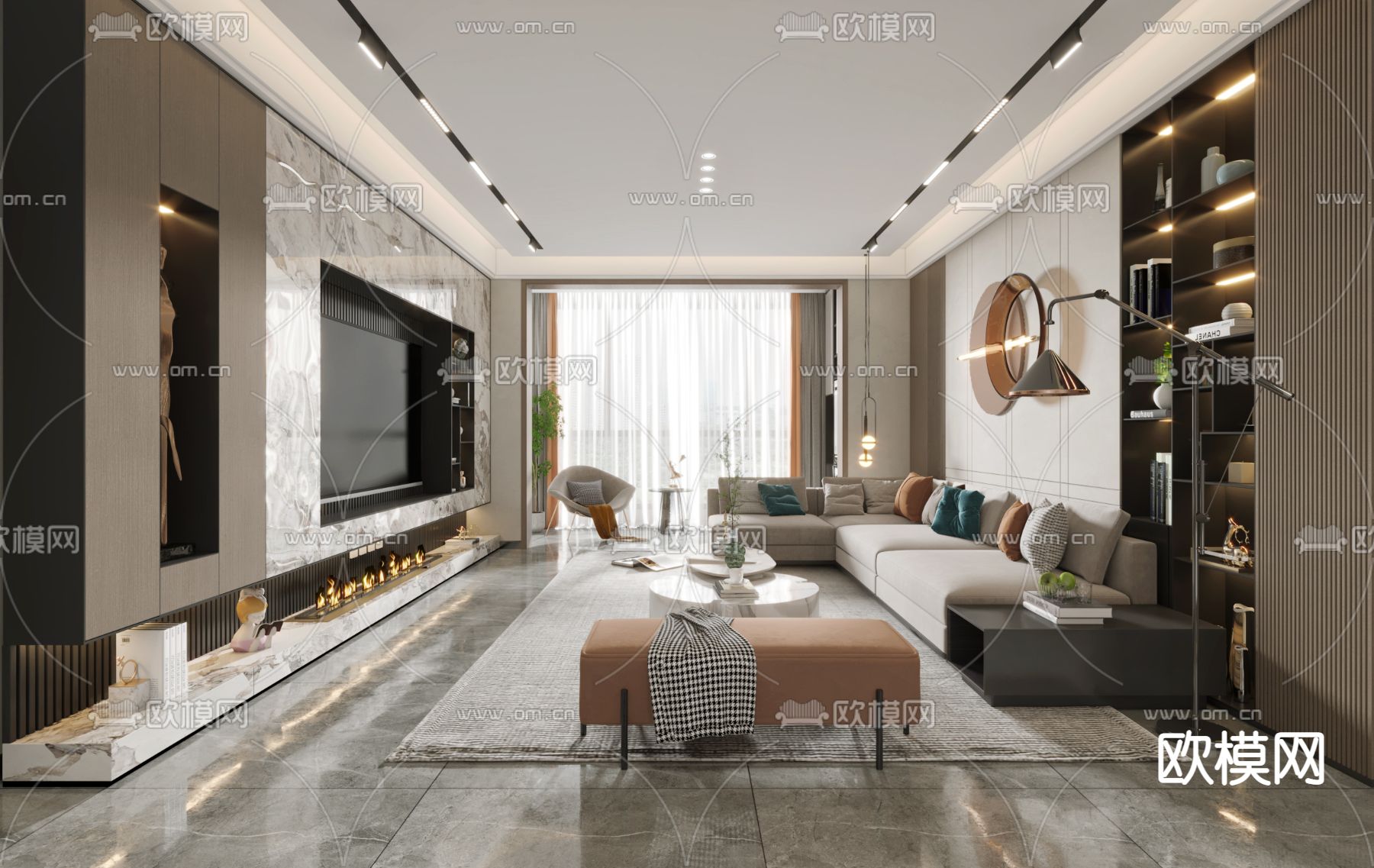 现代轻奢客厅餐厅3d模型下载（渲染图2）