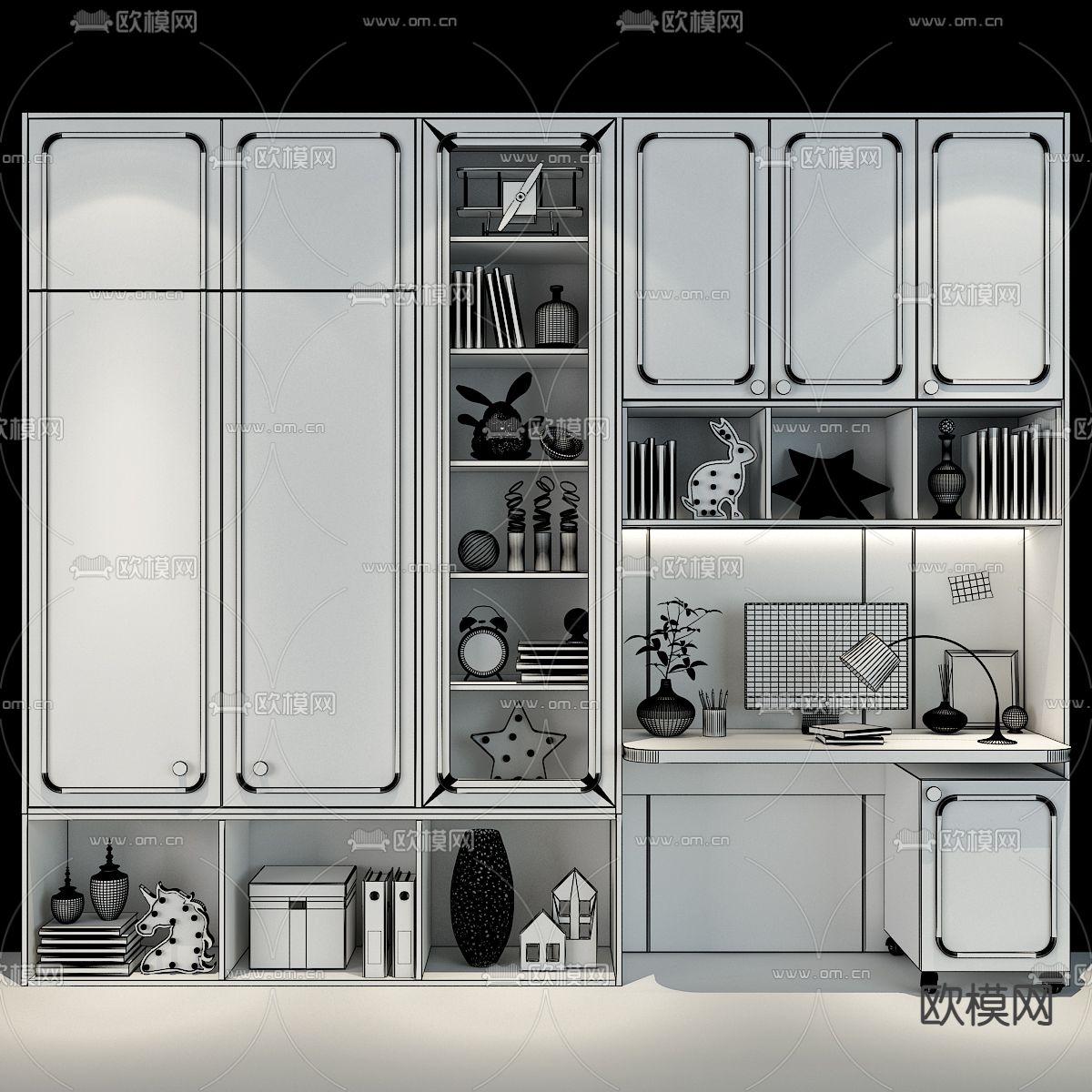现代儿童一体式书柜装饰柜3d模型下载（渲染图1）