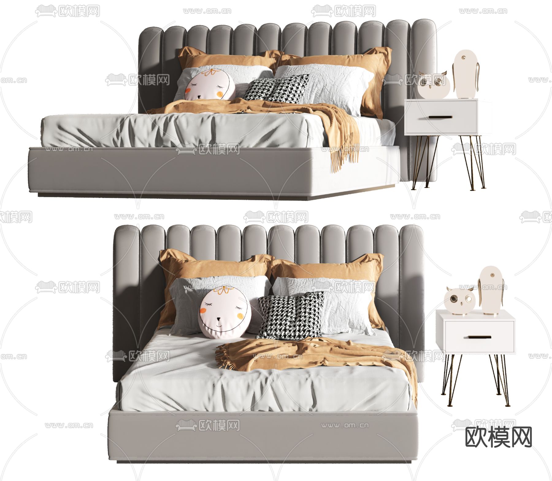 现代布艺双人床3d模型下载