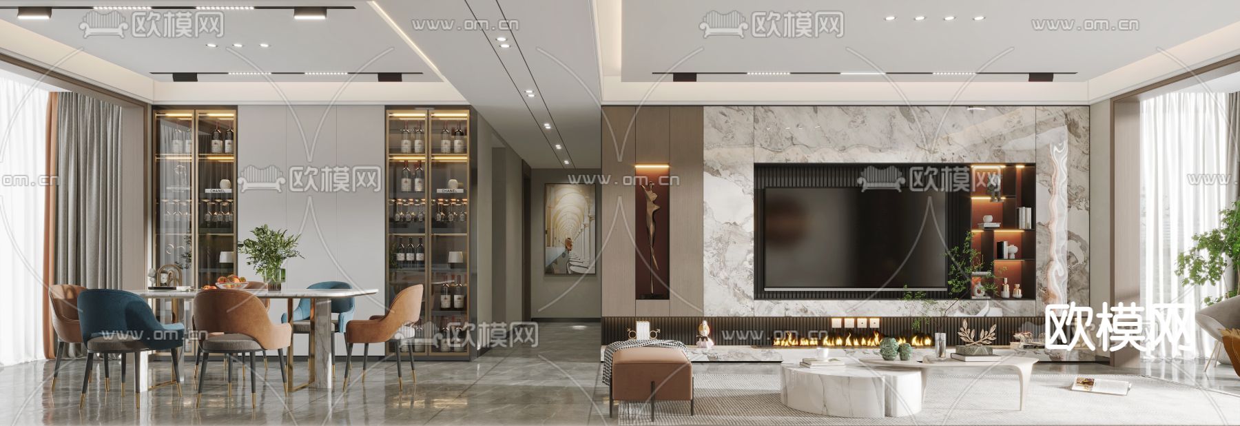 现代轻奢客厅餐厅3d模型下载（渲染图3）