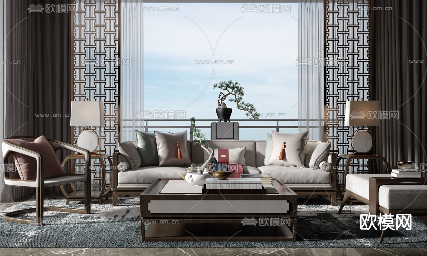 新中式轻奢多人沙发su模型下载